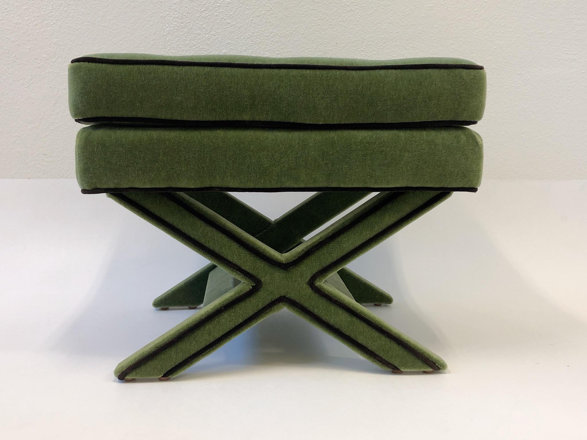 Mid-20th Century Pair of Olive Green and Brown Mohair X Base Ottomans by Billy Baldwin