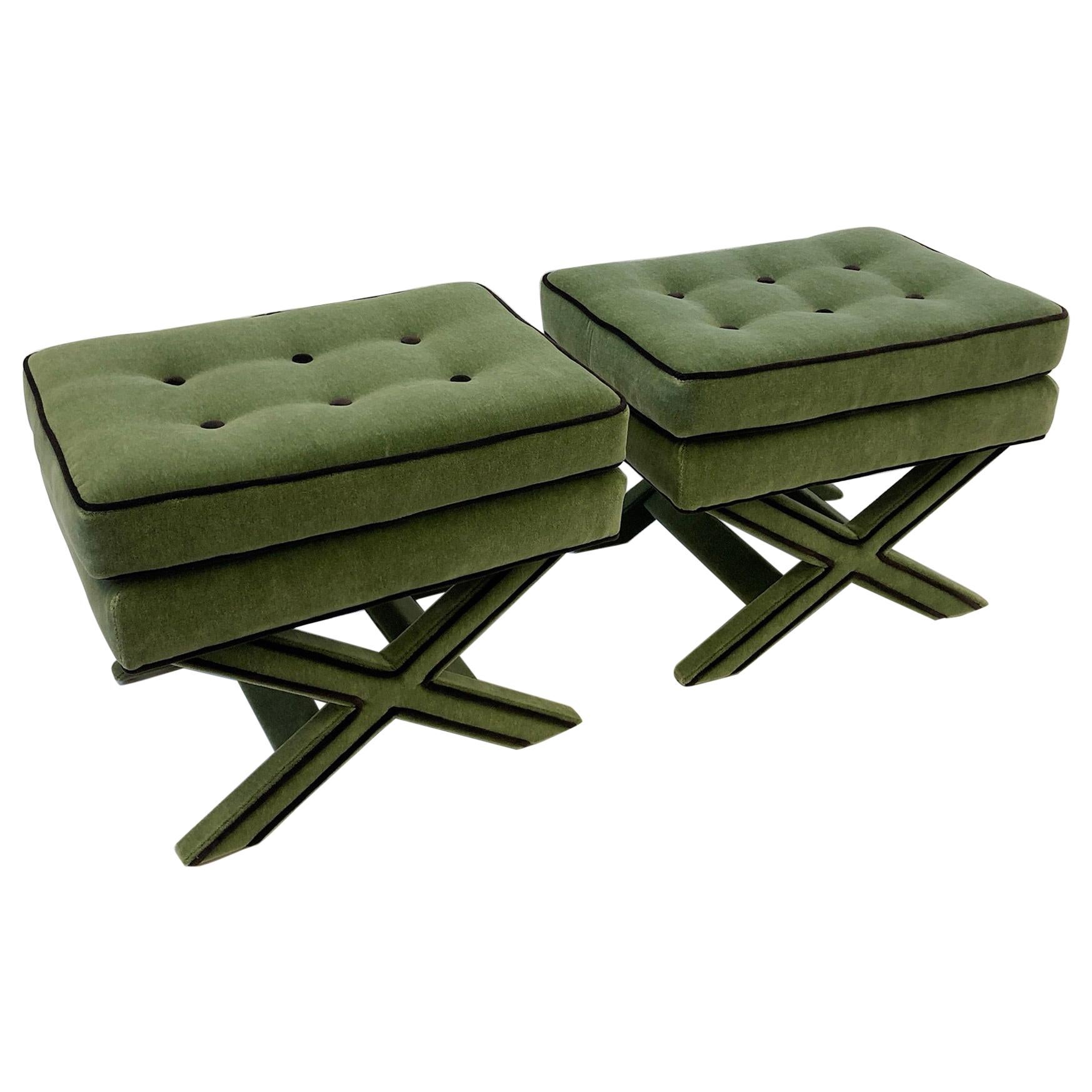 Pair of Olive Green and Brown Mohair X Base Ottomans by Billy Baldwin