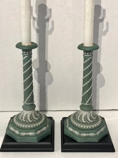 Pair of Olive Green and White Wedgwood Candlesticks, Now as Lamps