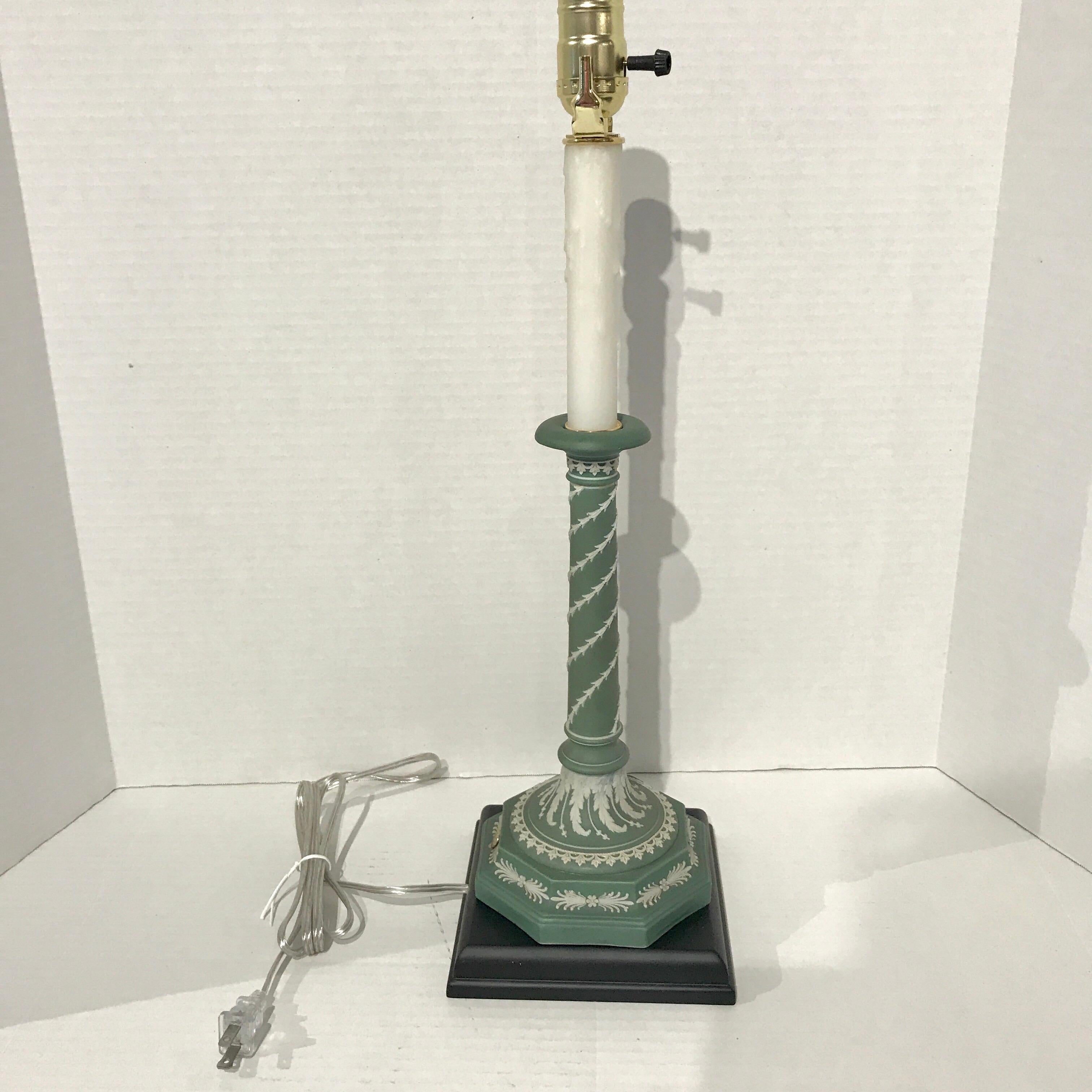 Neoclassical Pair of Olive Green and White Wedgwood Candlesticks, Now as Lamps