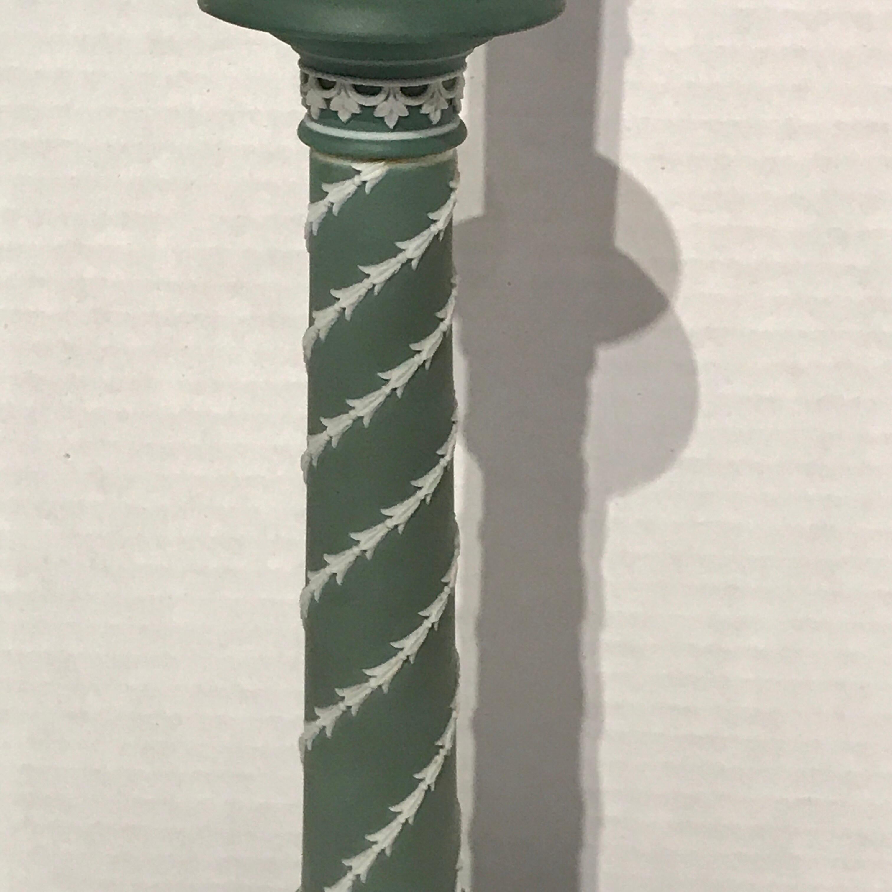 English Pair of Olive Green and White Wedgwood Candlesticks, Now as Lamps
