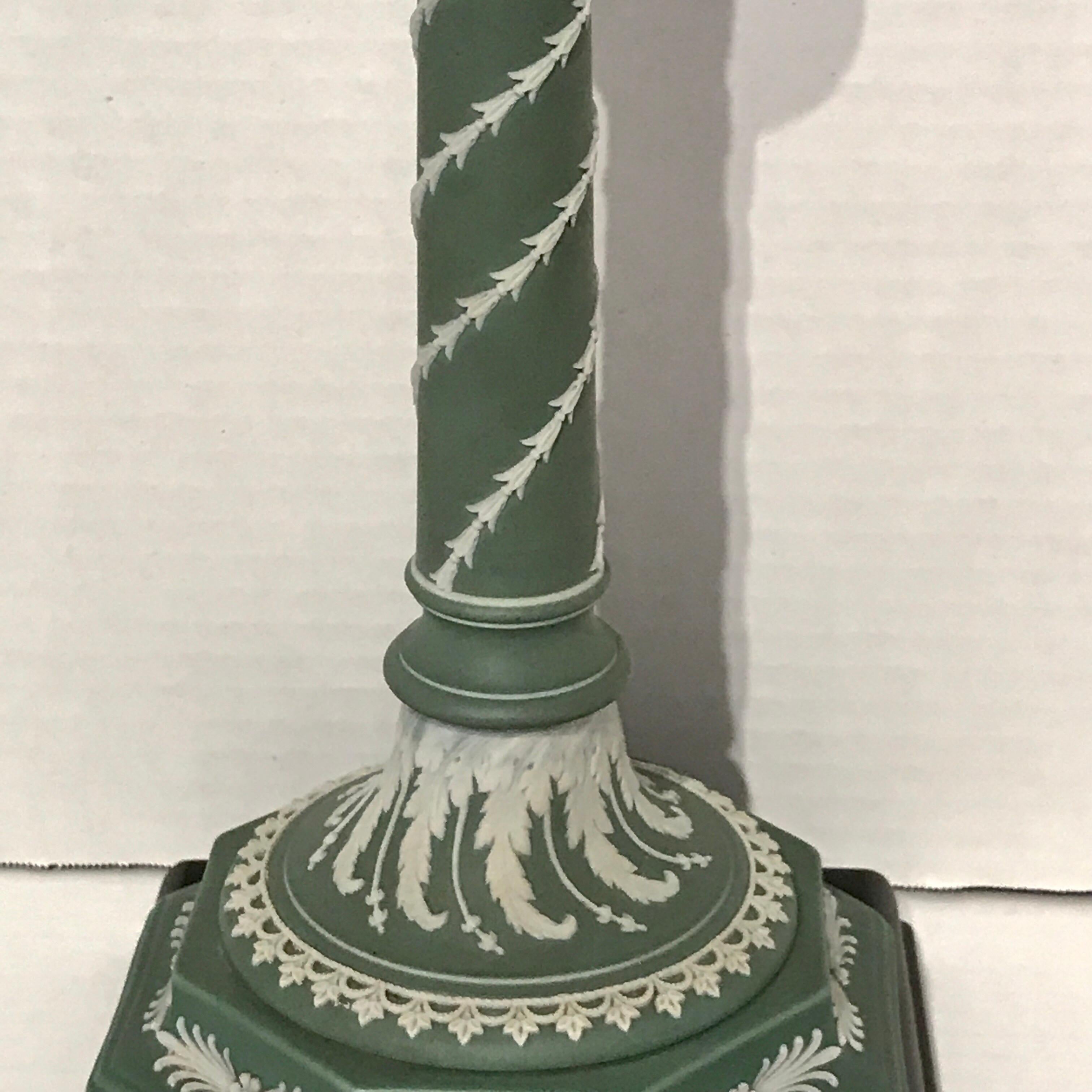 Ebonized Pair of Olive Green and White Wedgwood Candlesticks, Now as Lamps