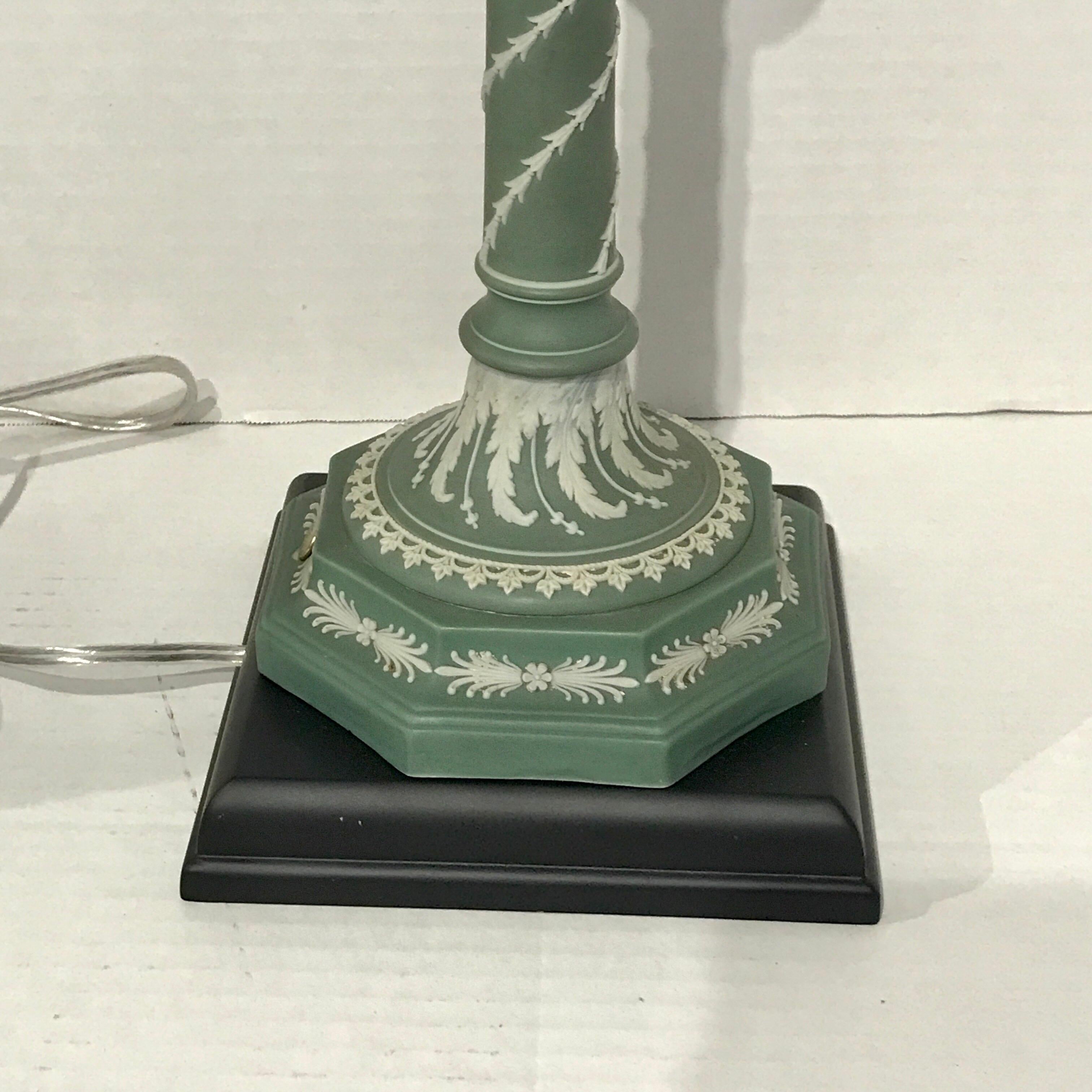 Pair of Olive Green and White Wedgwood Candlesticks, Now as Lamps In Excellent Condition In Atlanta, GA