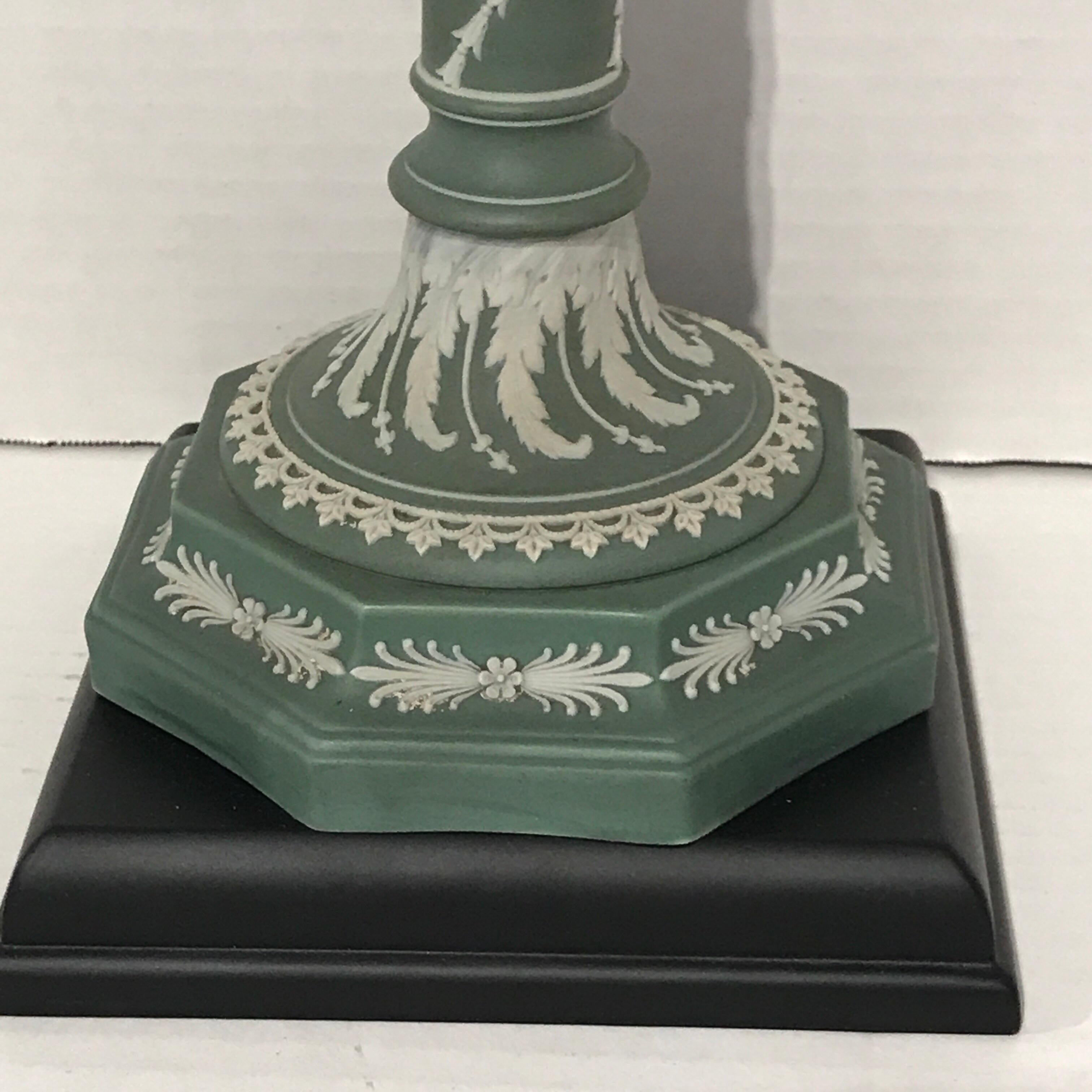 20th Century Pair of Olive Green and White Wedgwood Candlesticks, Now as Lamps