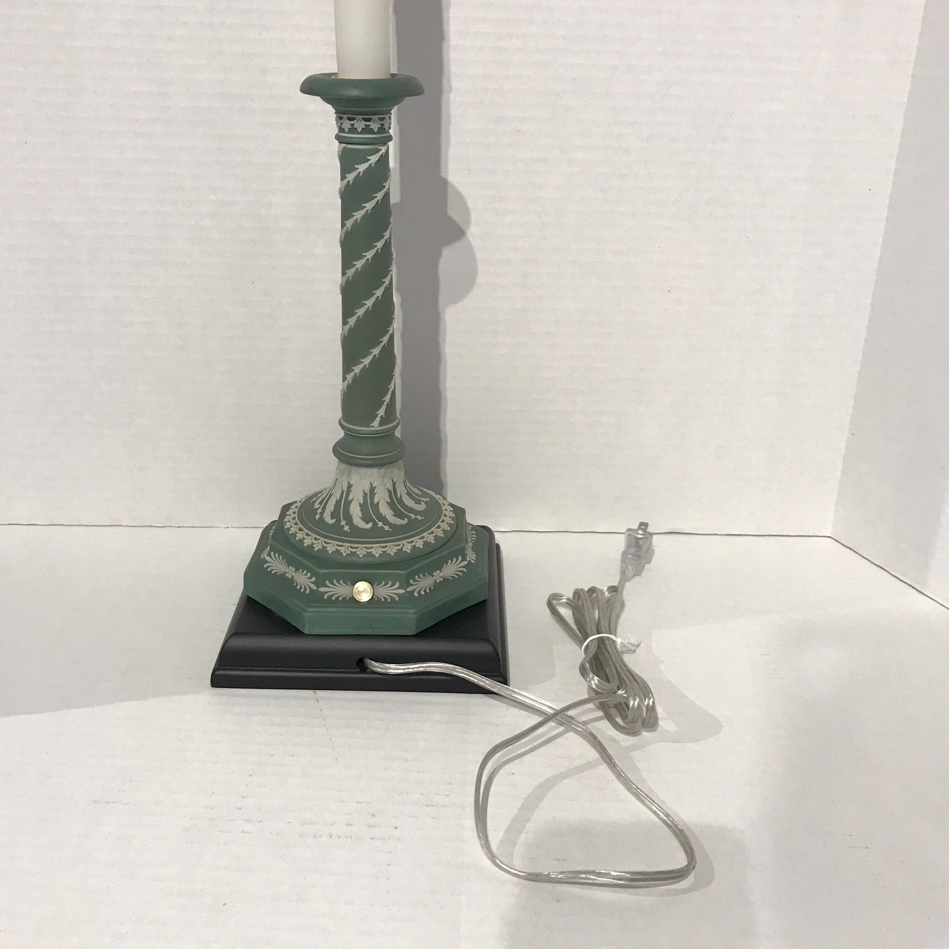 Wood Pair of Olive Green and White Wedgwood Candlesticks, Now as Lamps
