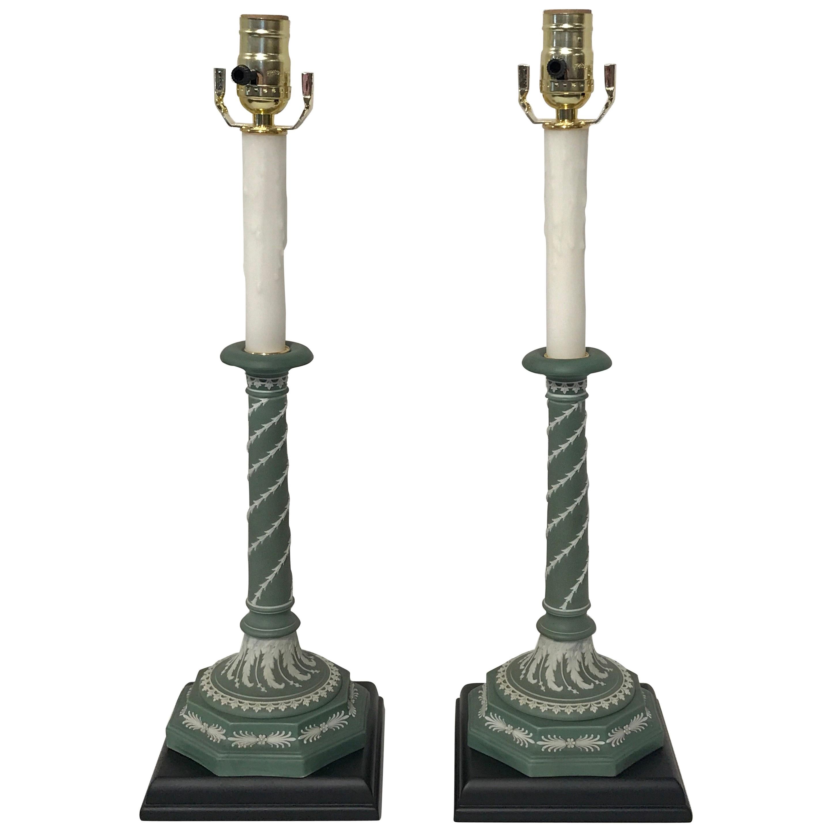 Pair of Olive Green and White Wedgwood Candlesticks, Now as Lamps