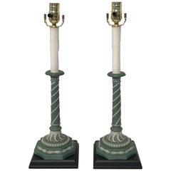 Antique Pair of Olive Green and White Wedgwood Candlesticks, Now as Lamps