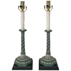 Antique Pair of Olive Green and White Wedgwood Candlesticks, Now as Lamps