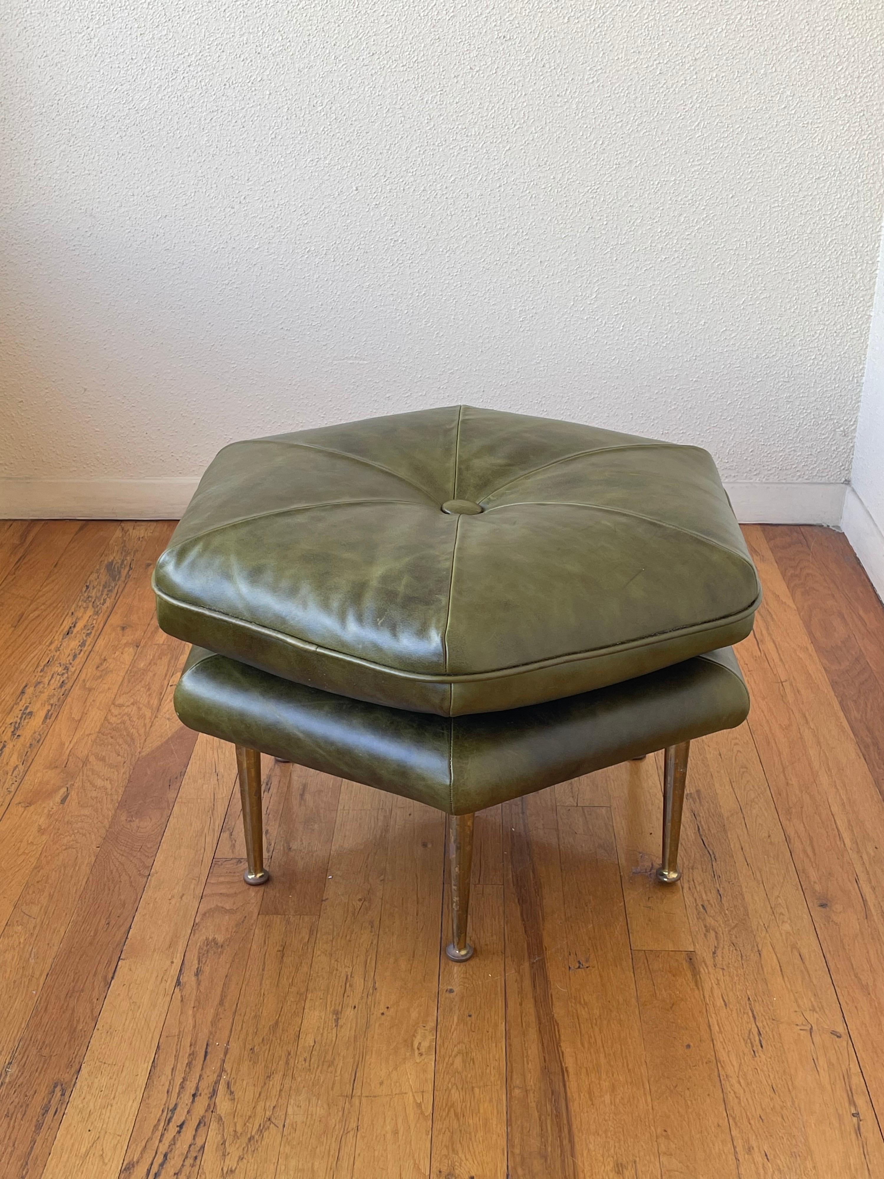 Mid-Century Modern Pair of Olive Green and Brass Legs Italian Hexagon Ottomans