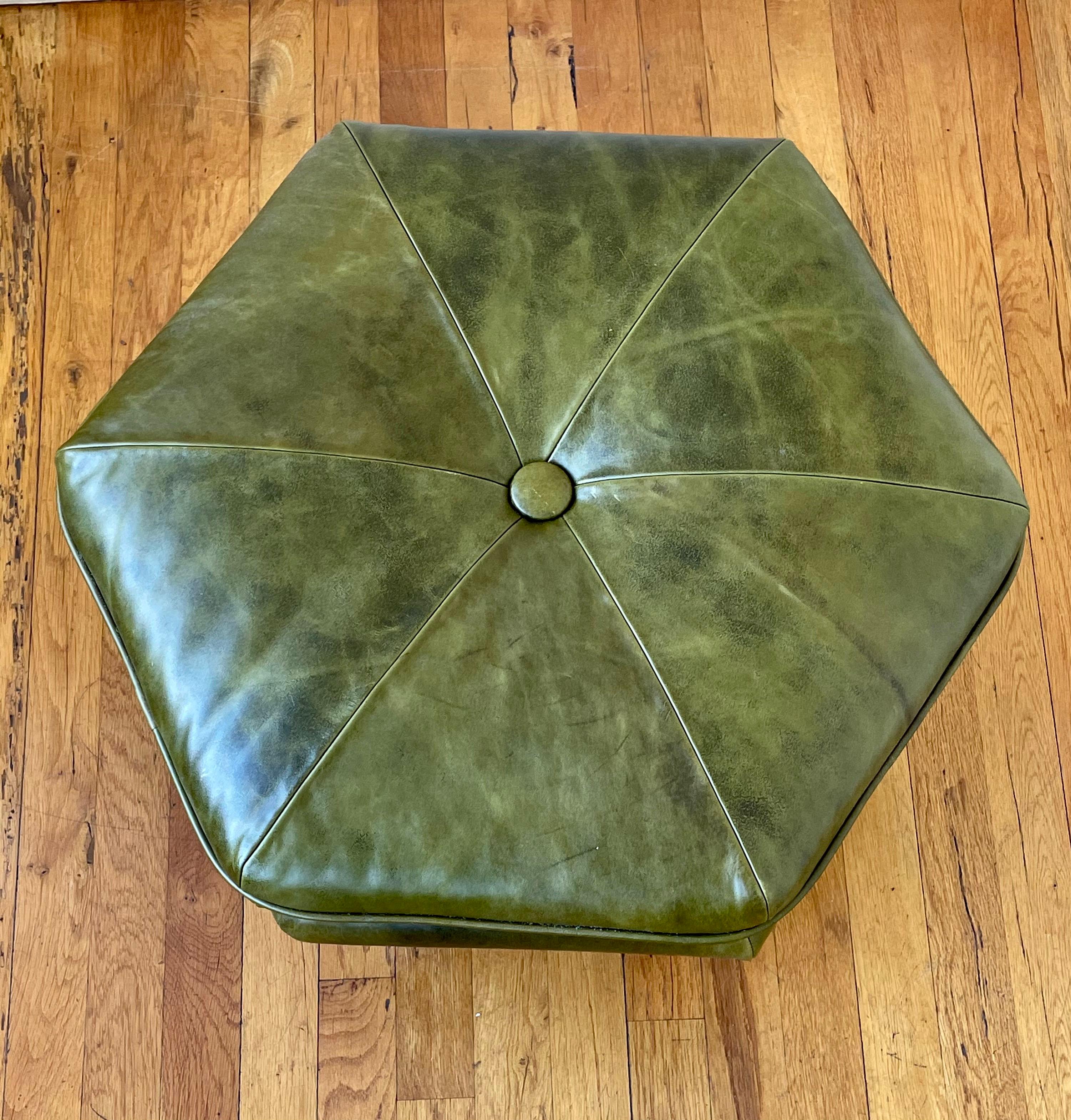 Pair of Olive Green and Brass Legs Italian Hexagon Ottomans In Excellent Condition In San Diego, CA