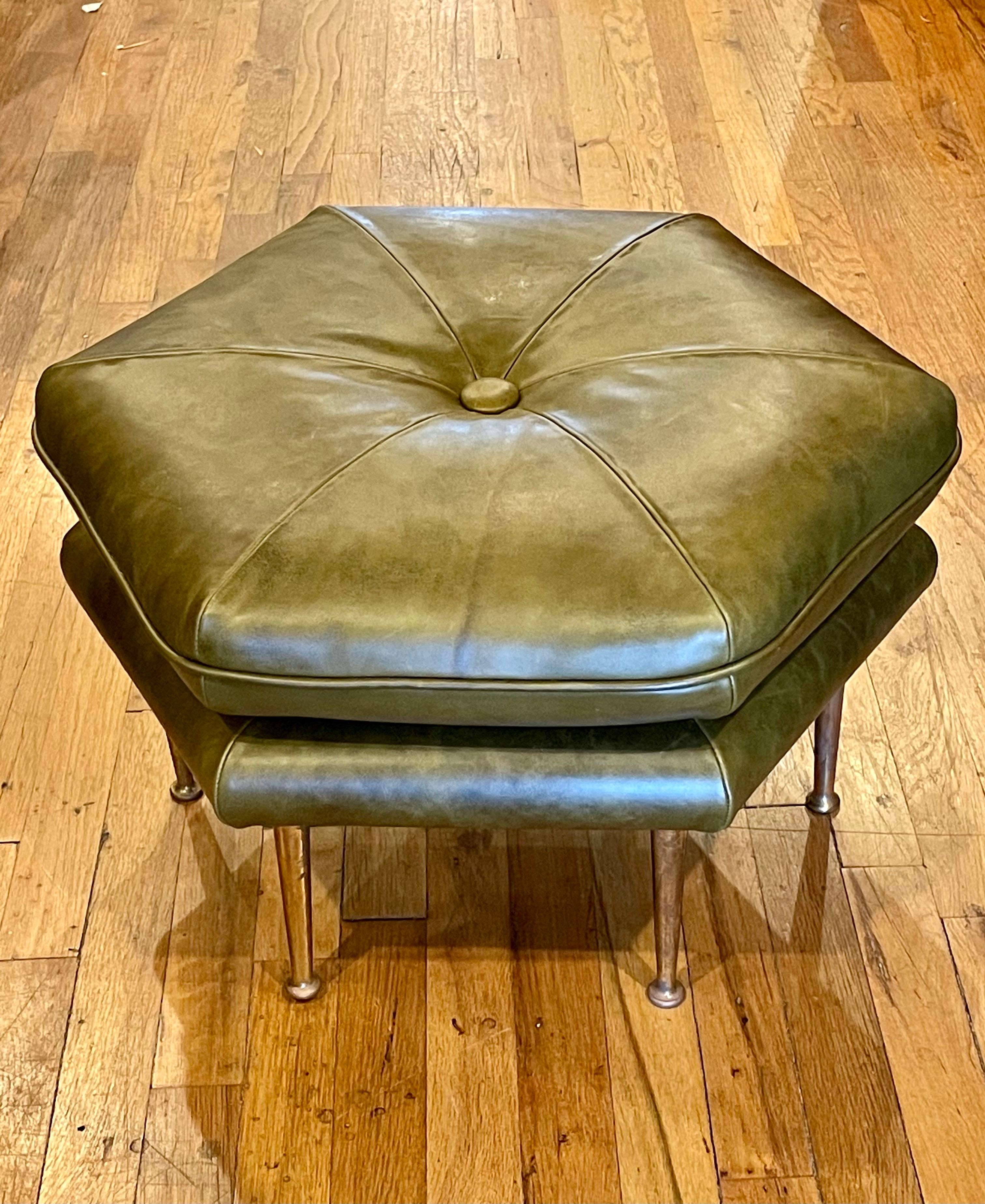 20th Century Pair of Olive Green and Brass Legs Italian Hexagon Ottomans