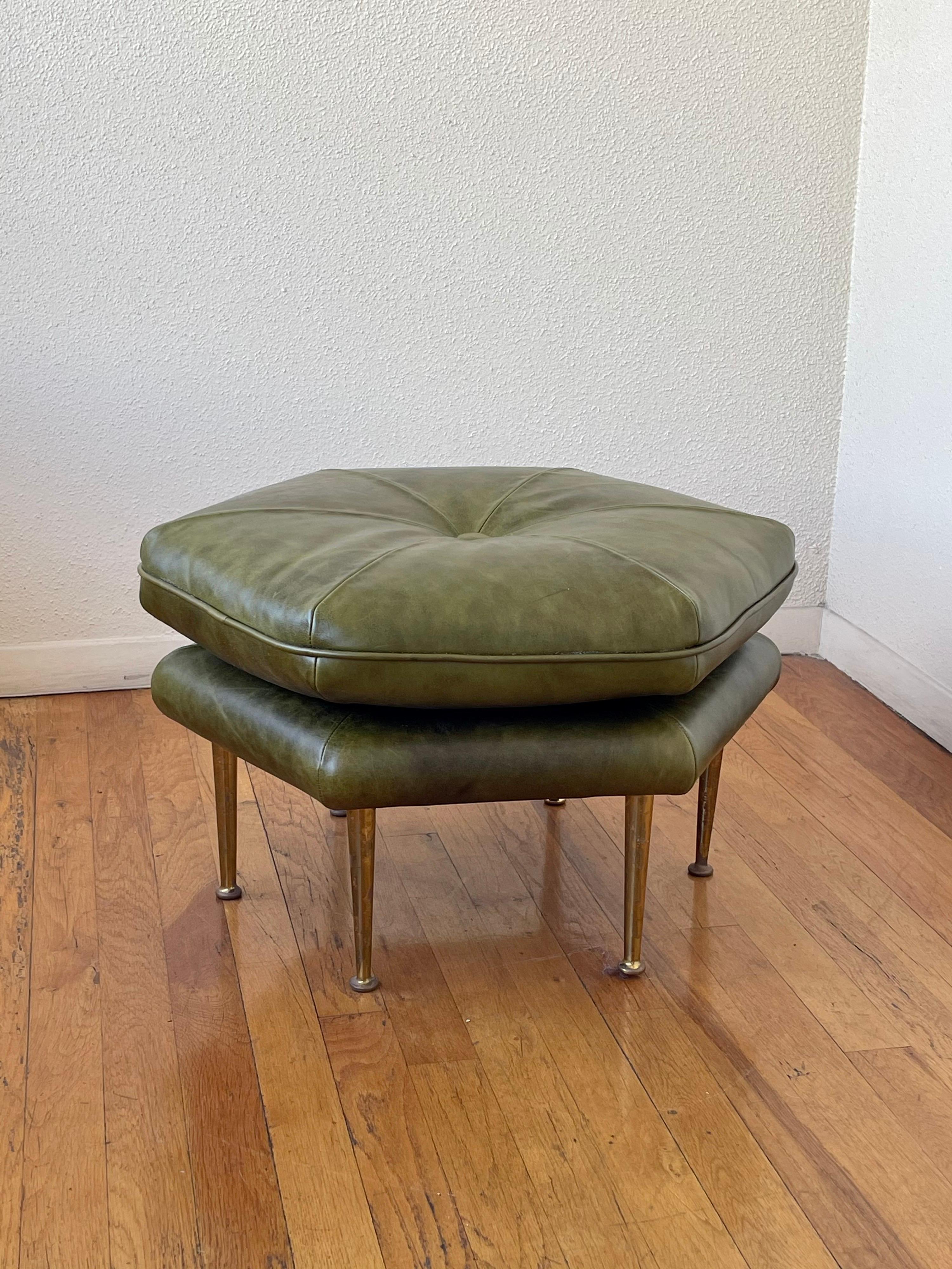 Leather Pair of Olive Green and Brass Legs Italian Hexagon Ottomans