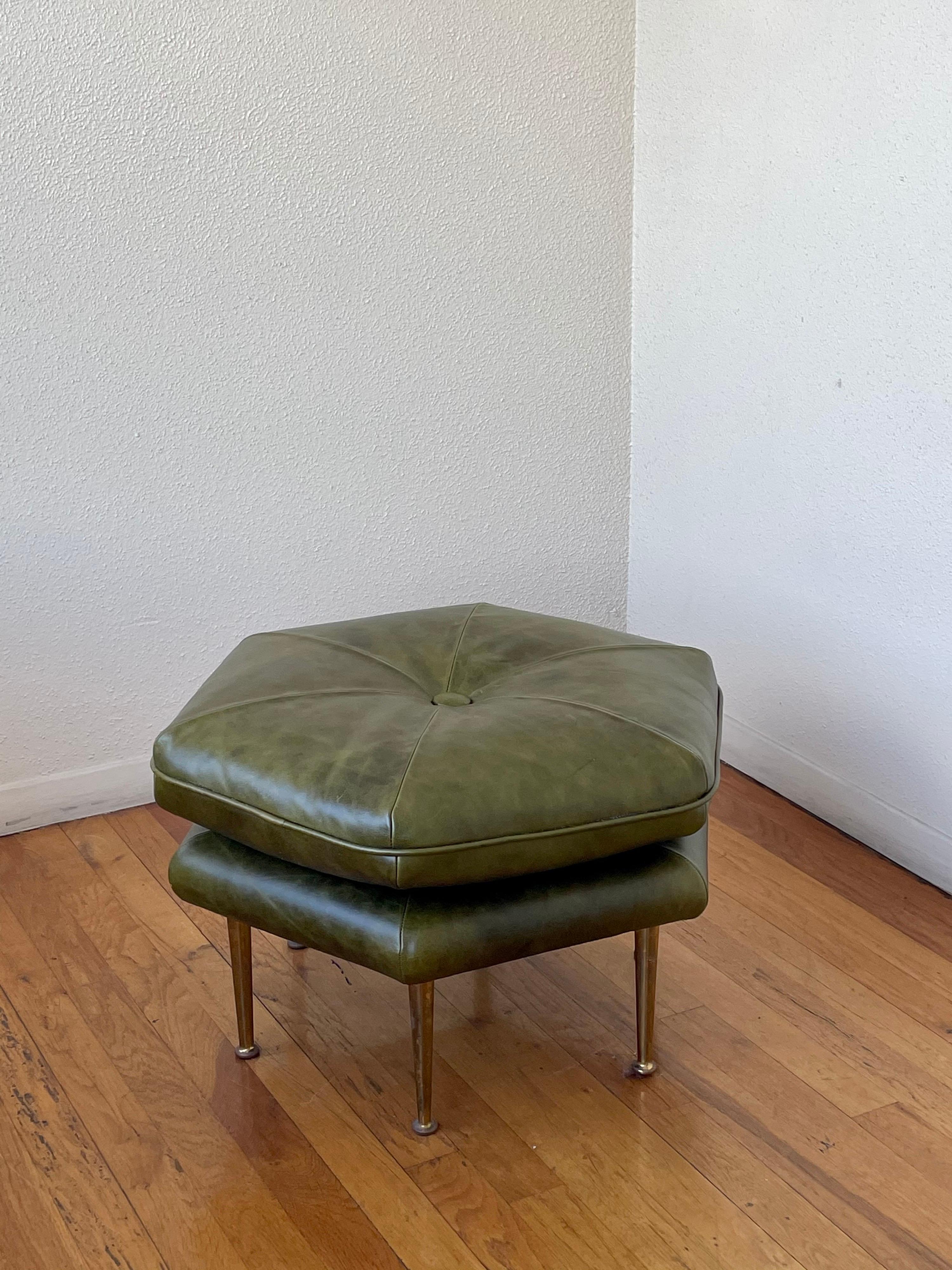 Pair of Olive Green and Brass Legs Italian Hexagon Ottomans 1