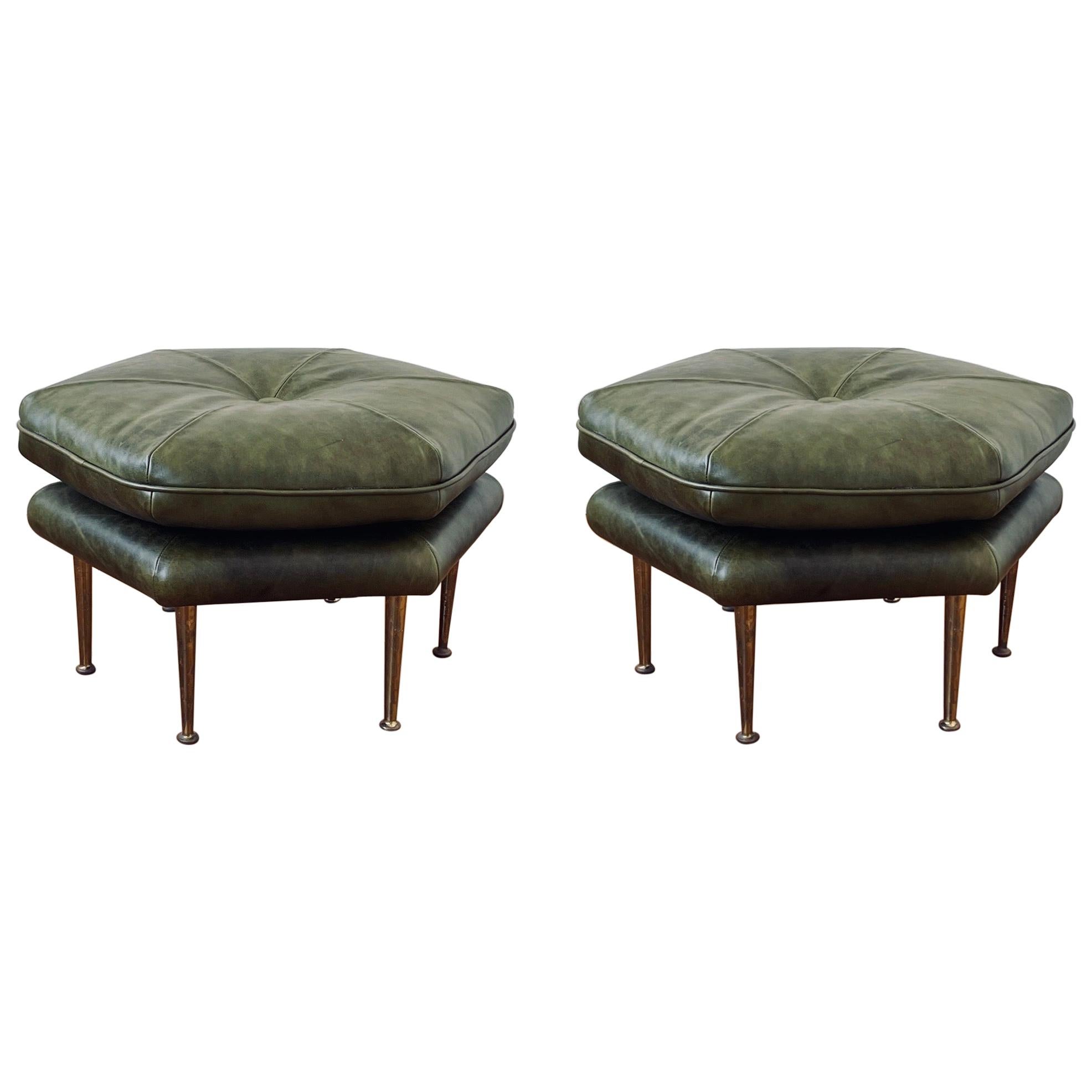 Pair of Olive Green and Brass Legs Italian Hexagon Ottomans