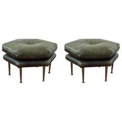 Pair of Olive Green and Brass Legs Italian Hexagon Ottomans