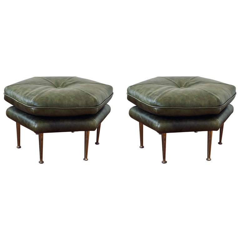 Pair of Olive Green and Brass Legs Italian Hexagon Ottomans at 1stDibs