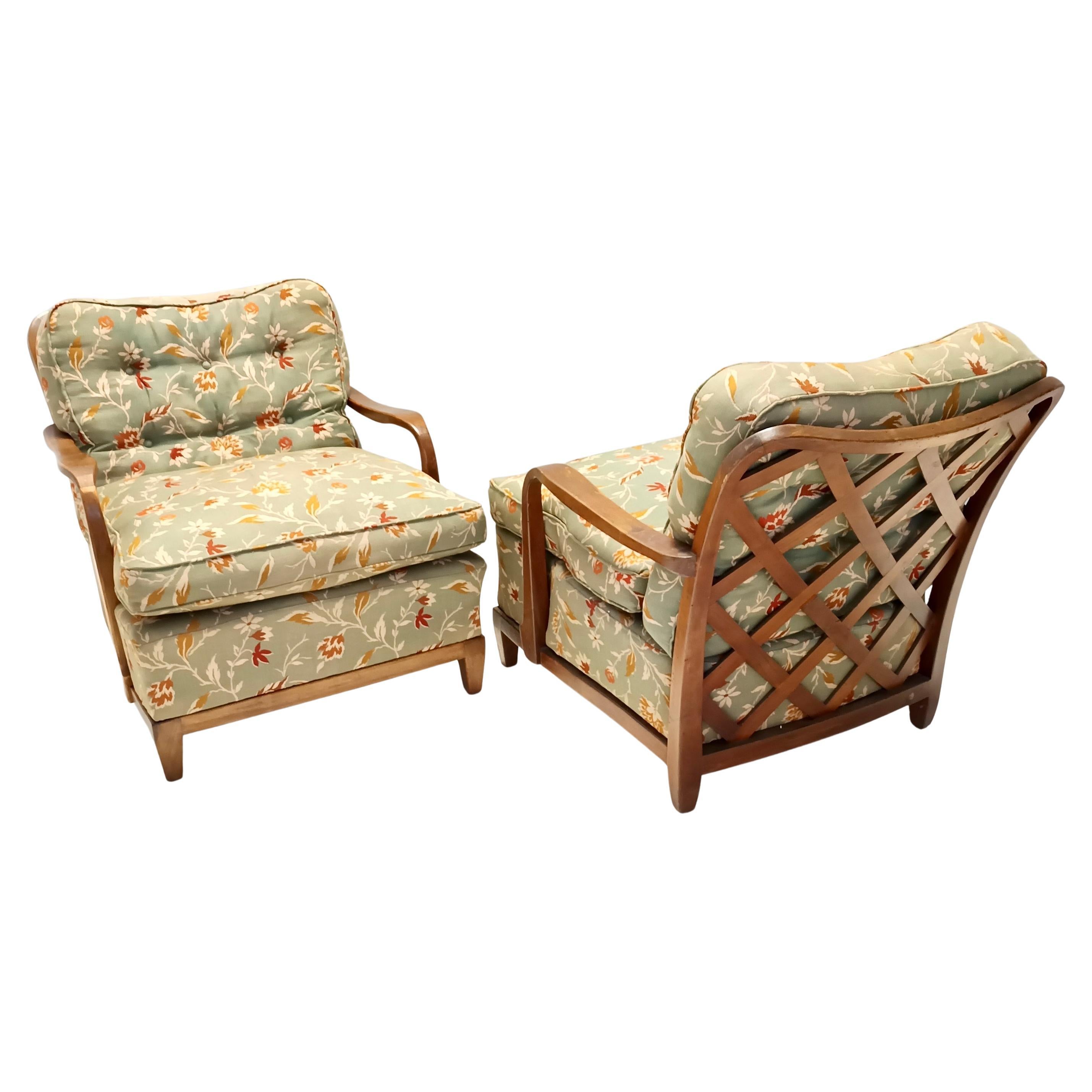 Pair of Olive Green Fabric Armchairs by Paolo Buffa with Walnut Frame, Italy