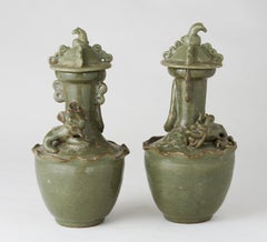 Pair of Olive-Green Glazed Longquan Celadon Vases, Sui-Song