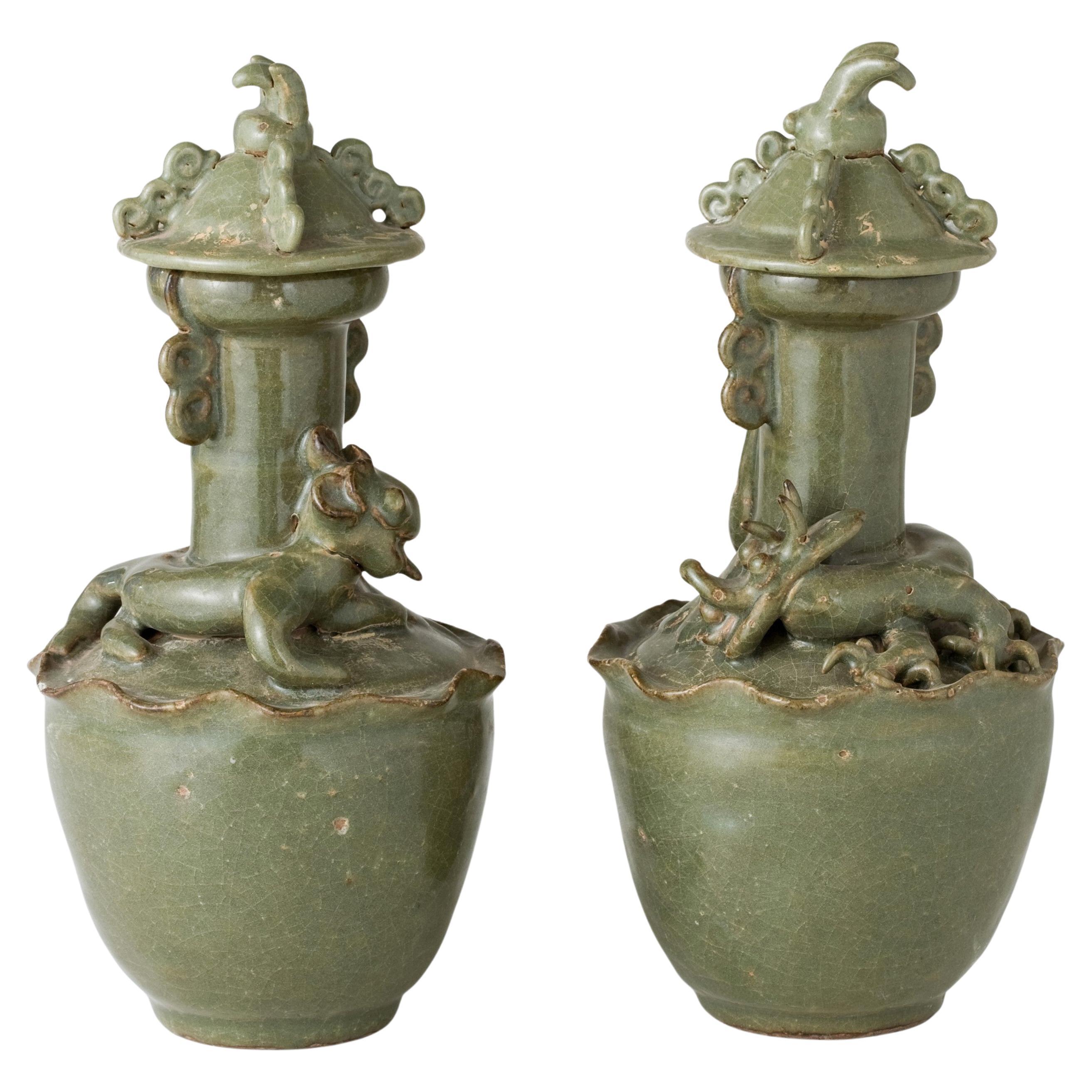 Pair of Olive-Green Glazed Longquan Celadon Vases, Sui-Song