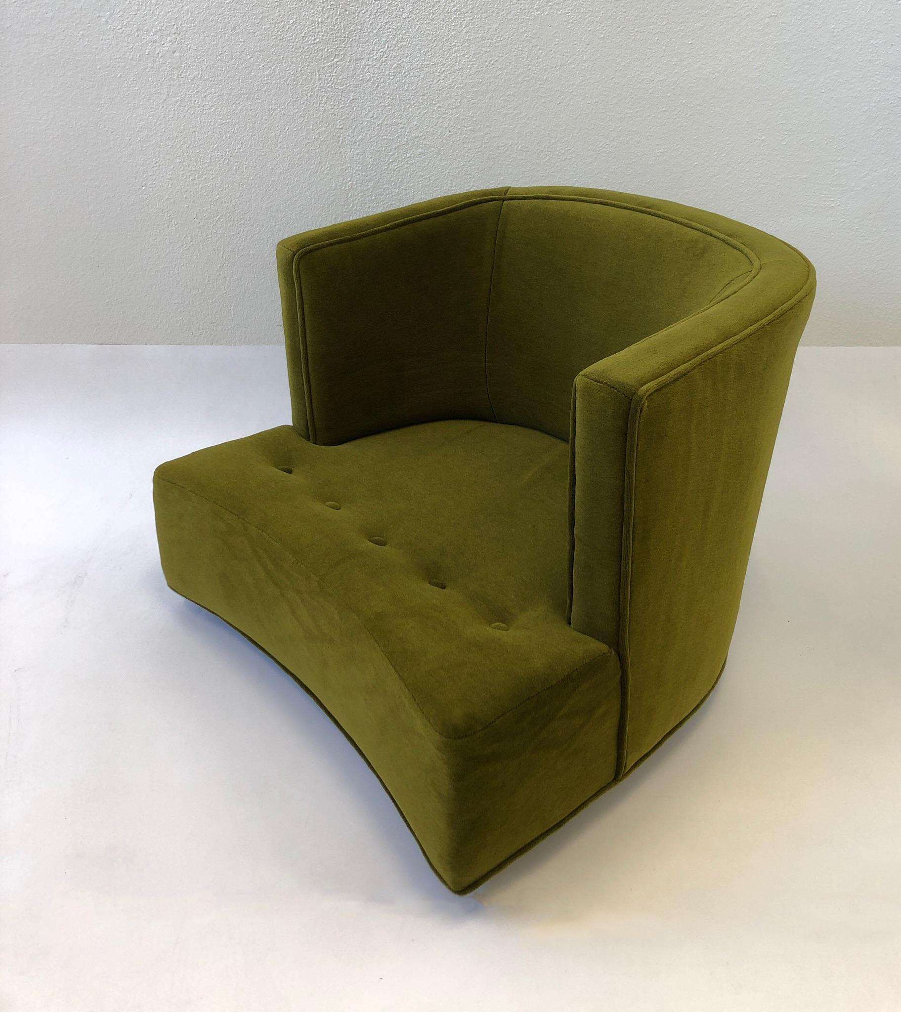 Pair of Olive Green Mohair Swivel Lounge Chairs by Harvey Probber 1