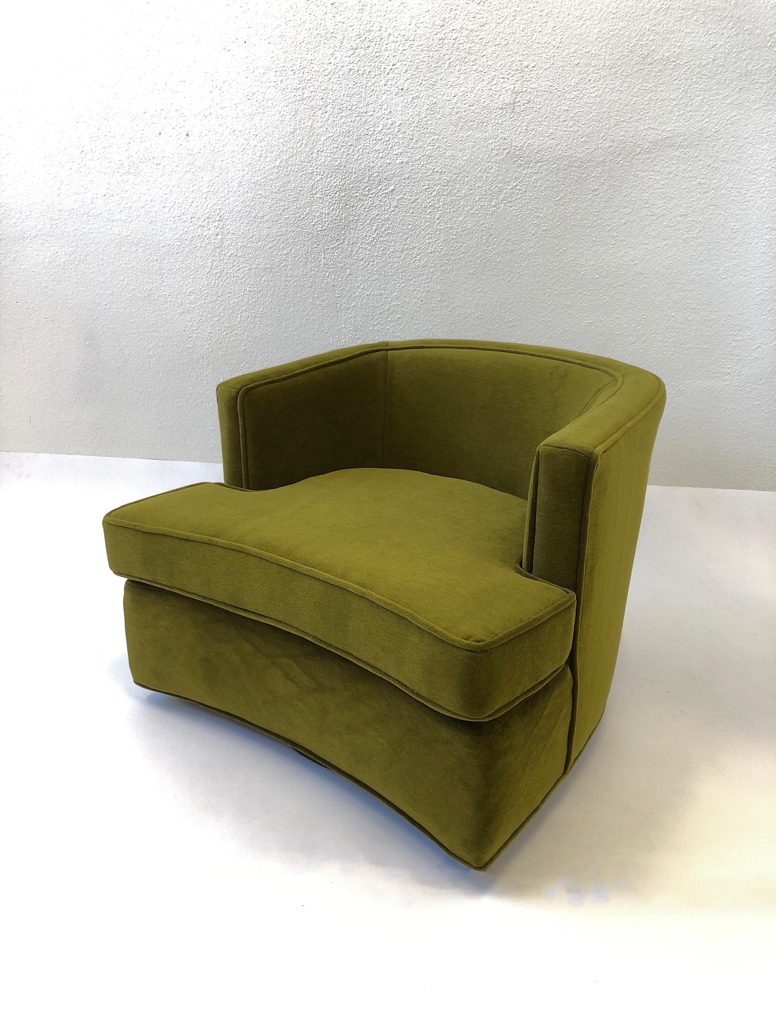 American Pair of Olive Green Mohair Swivel Lounge Chairs by Harvey Probber