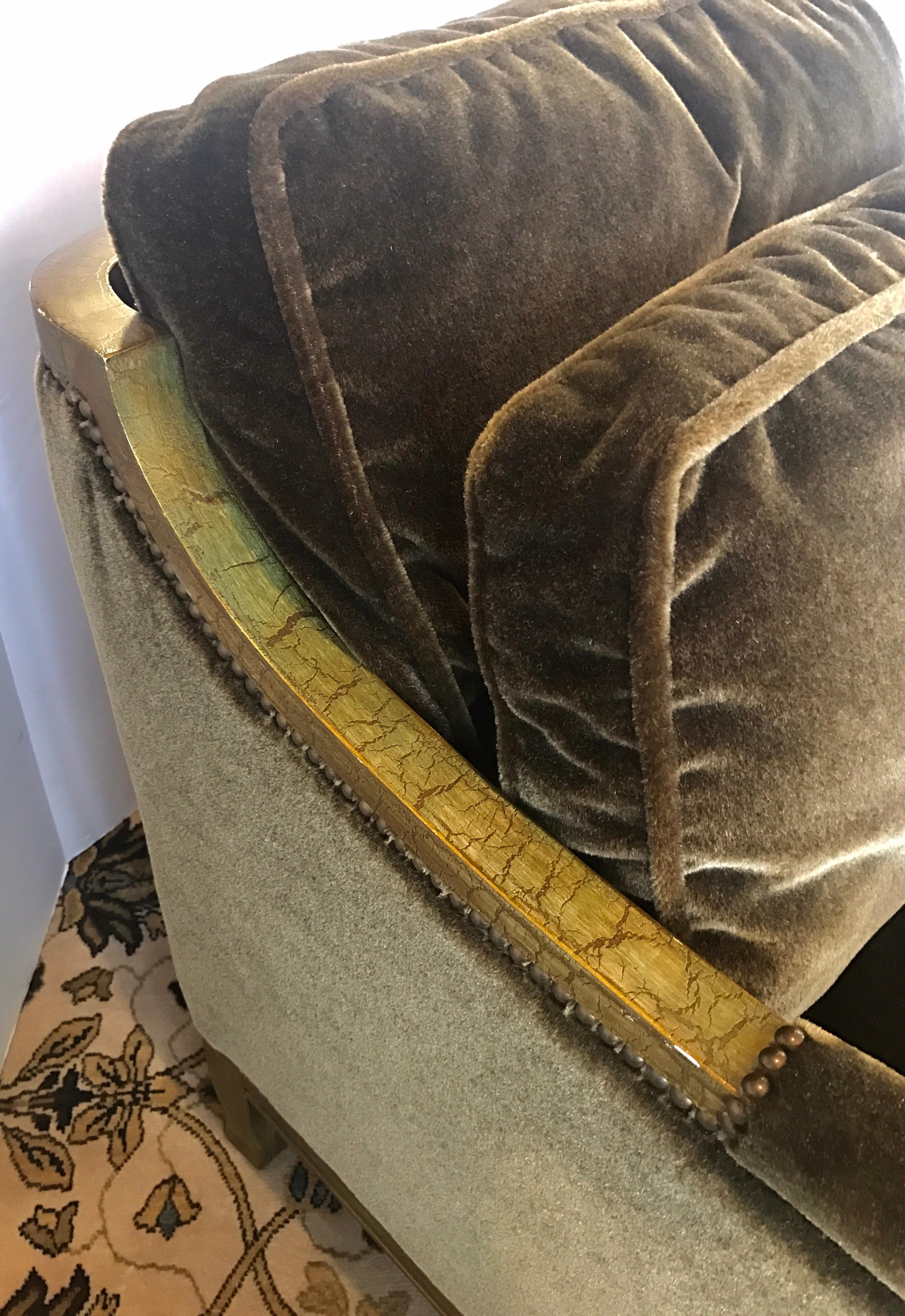 Pair of Olive Green Mohair Velvet Neoclassical Club Chairs Drexel Heritage In Excellent Condition In West Hartford, CT