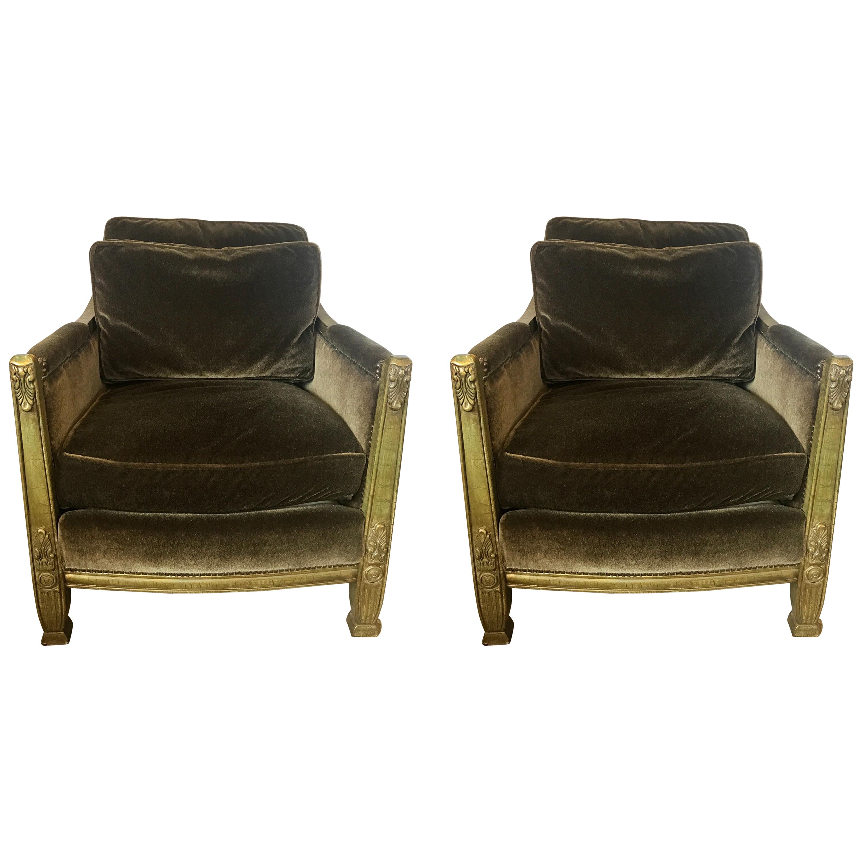Pair of Olive Green Mohair Velvet Neoclassical Club Chairs Drexel Heritage