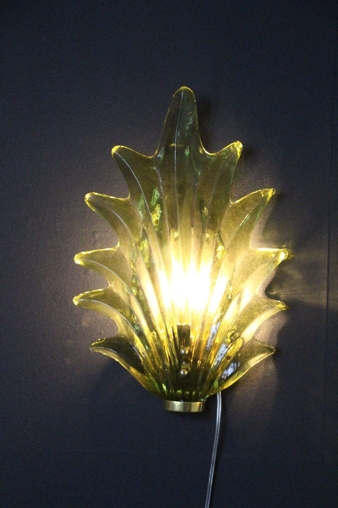 Pair of Olive Green Murano Glass Leaf and Brass Sconces in Barovier Style 4