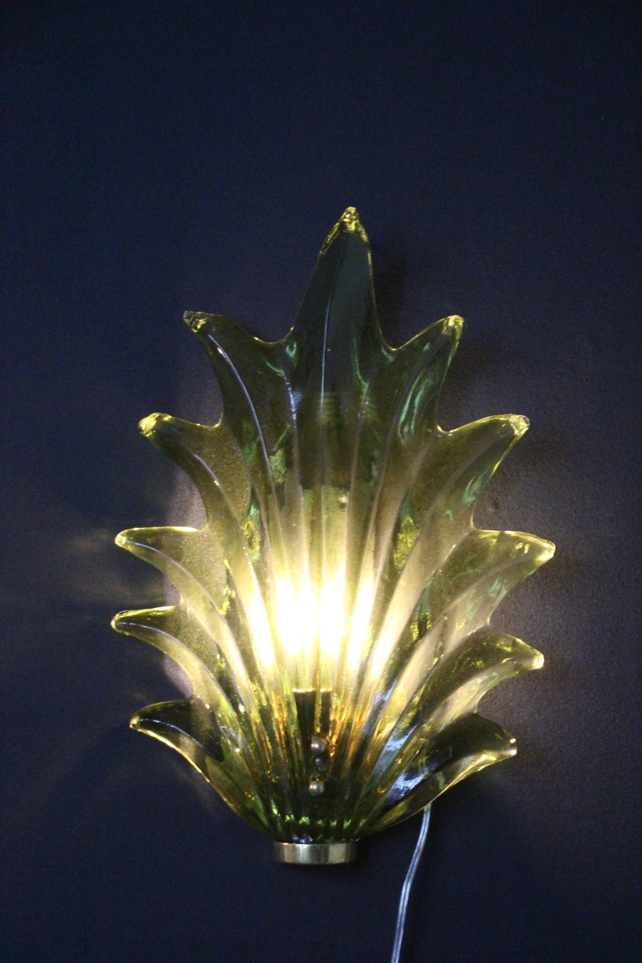 Pair of Olive Green Murano Glass Leaf and Brass Sconces in Barovier Style 3