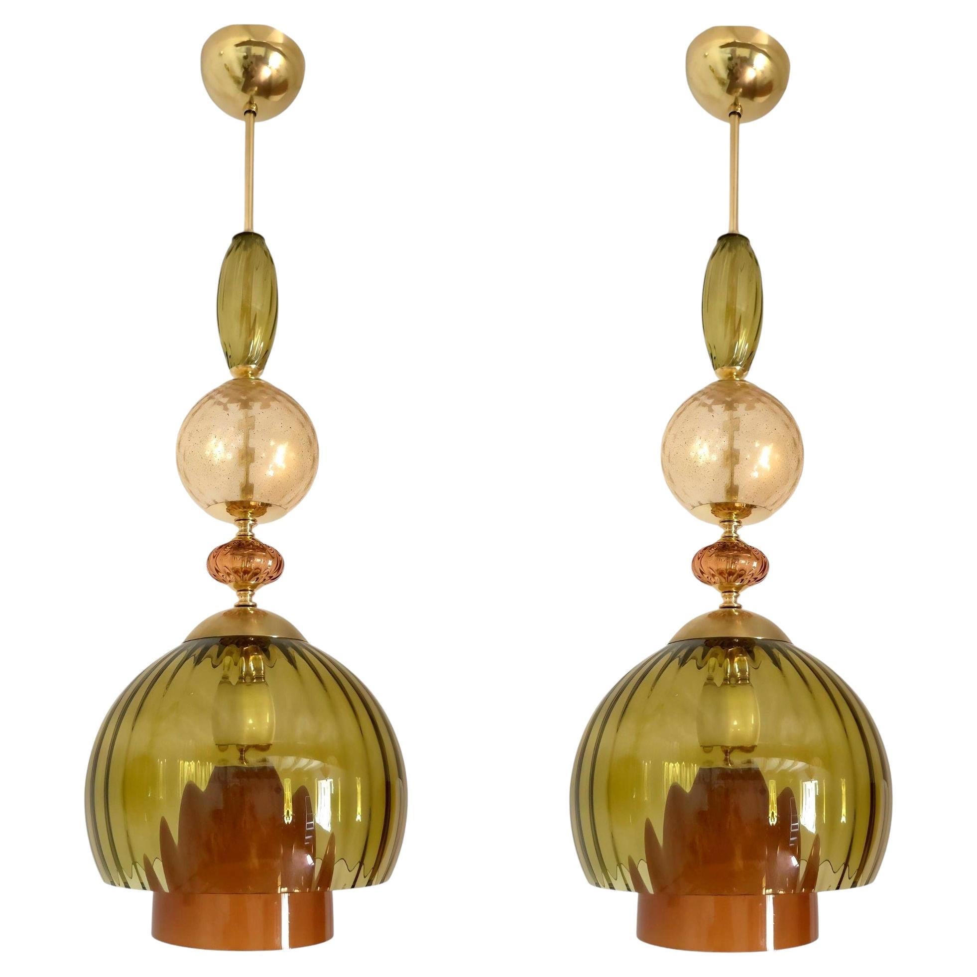 Pair of olive green Murano glass pendants
