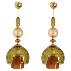 Pair of olive green Murano glass pendants
