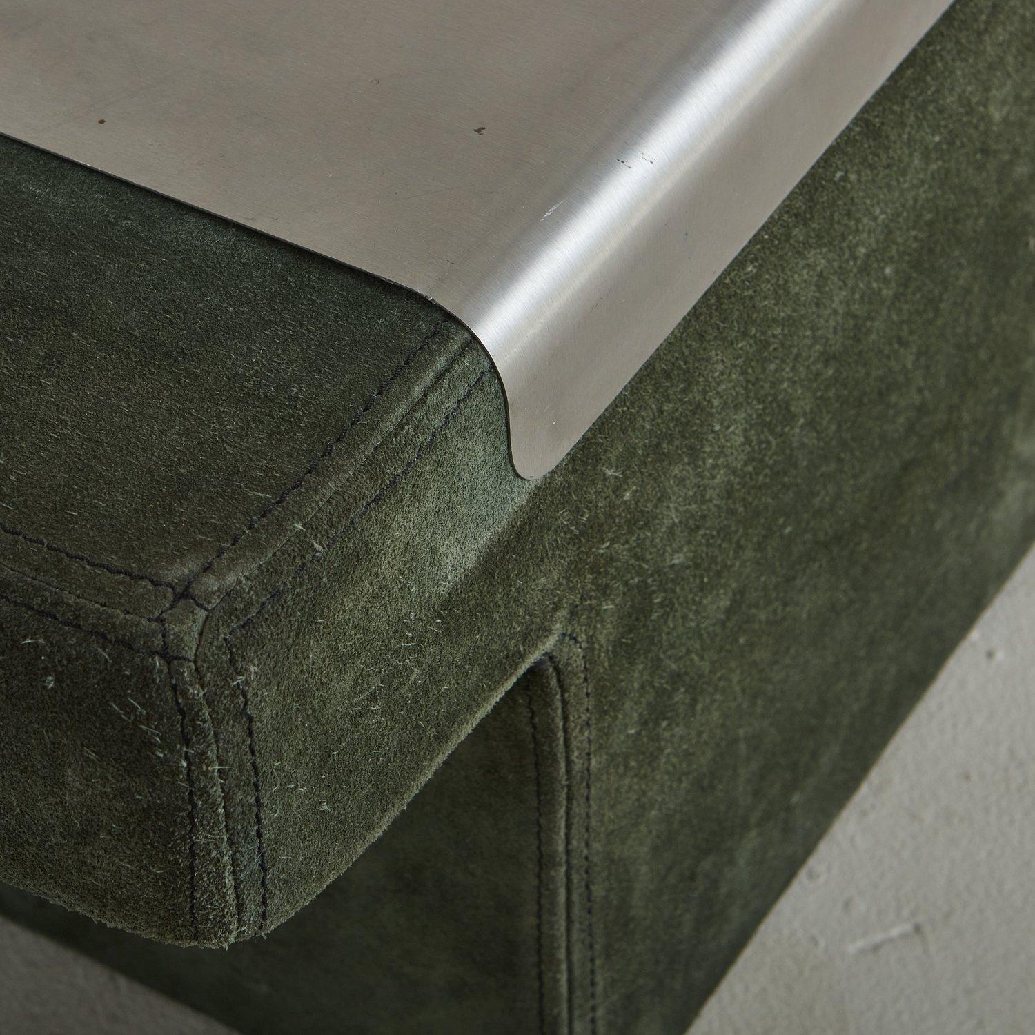 Pair of Olive Green Suede Aluminum Side Table, France 1970s 5
