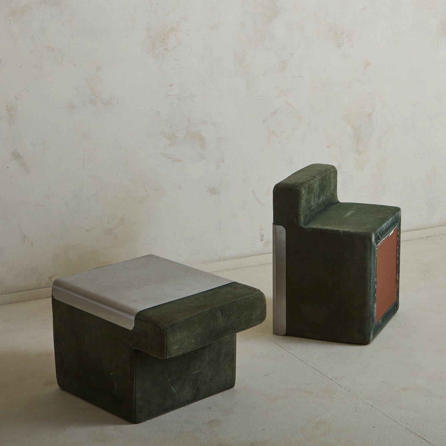 Modern Pair of Olive Green Suede Aluminum Side Table, France 1970s