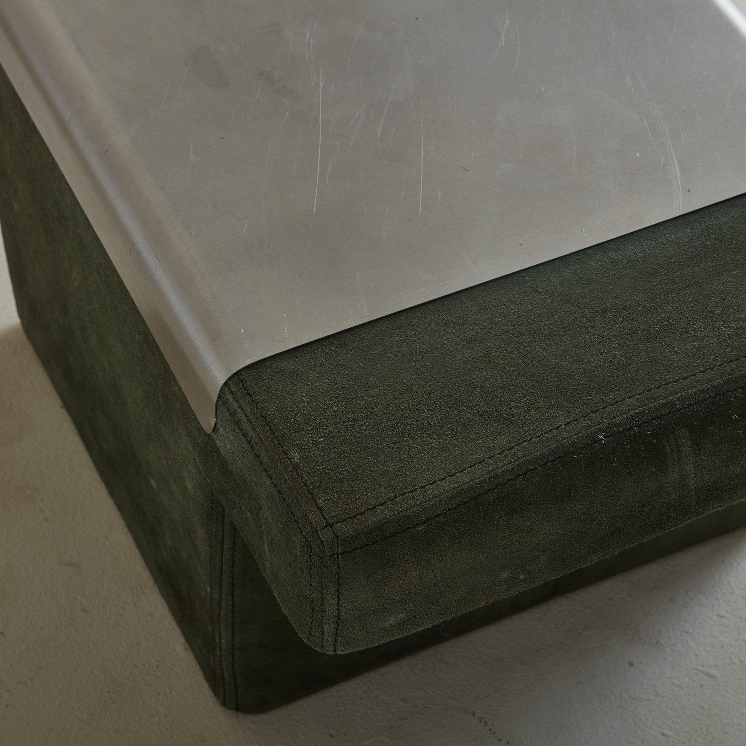 French Pair of Olive Green Suede Aluminum Side Table, France 1970s
