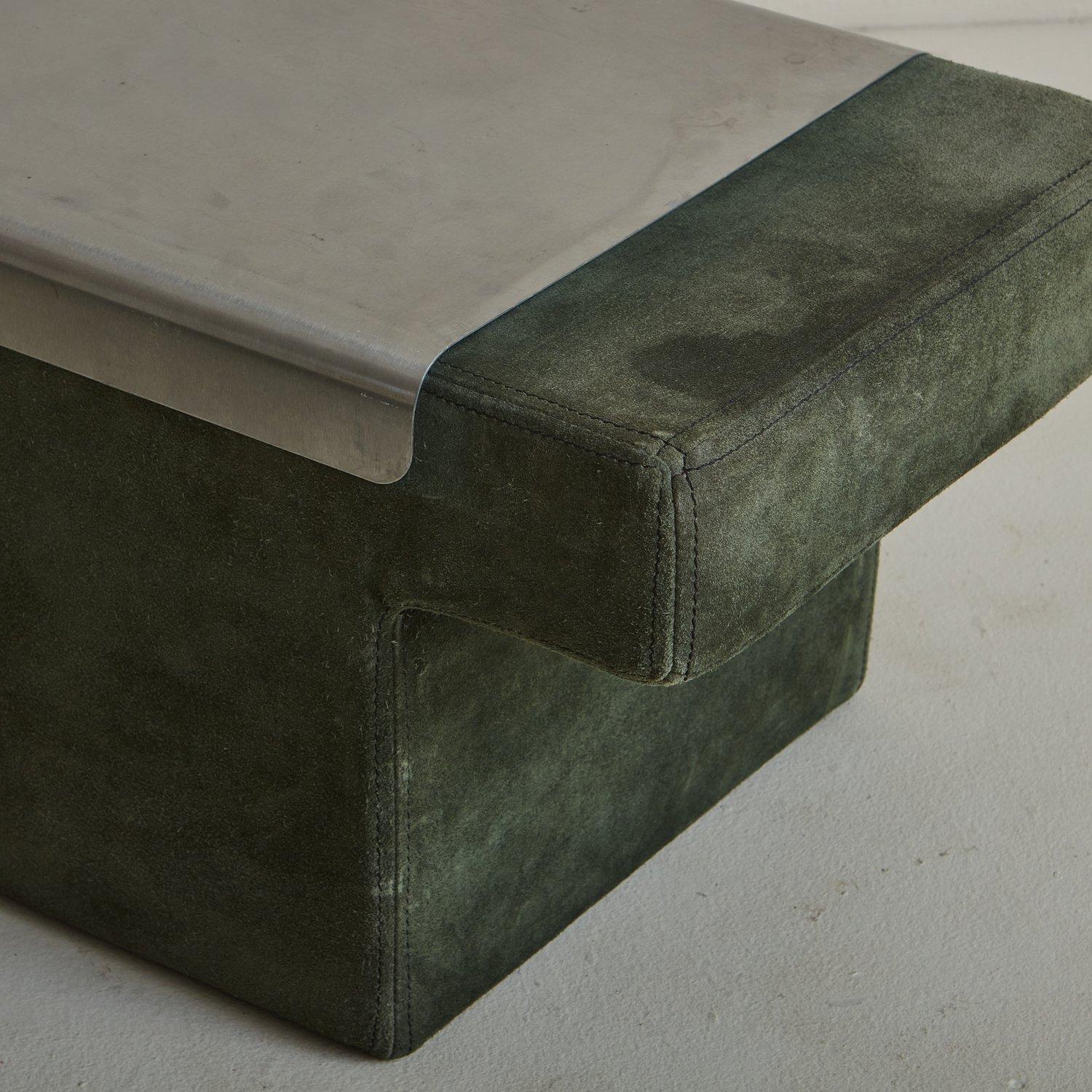 Late 20th Century Pair of Olive Green Suede Aluminum Side Table, France 1970s
