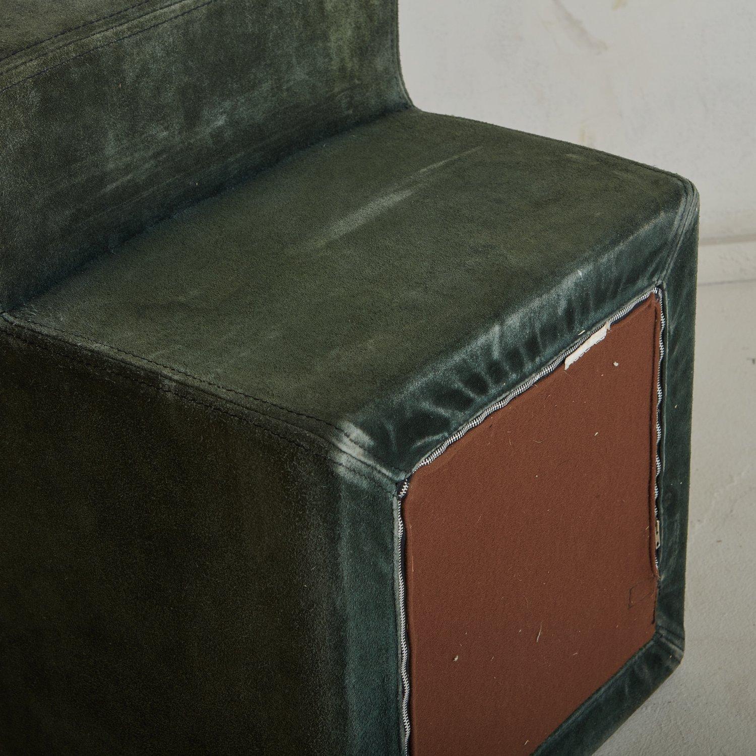 Pair of Olive Green Suede Aluminum Side Table, France 1970s 1