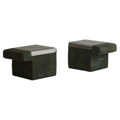 Pair of Olive Green Suede Aluminum Side Table, France 1970s