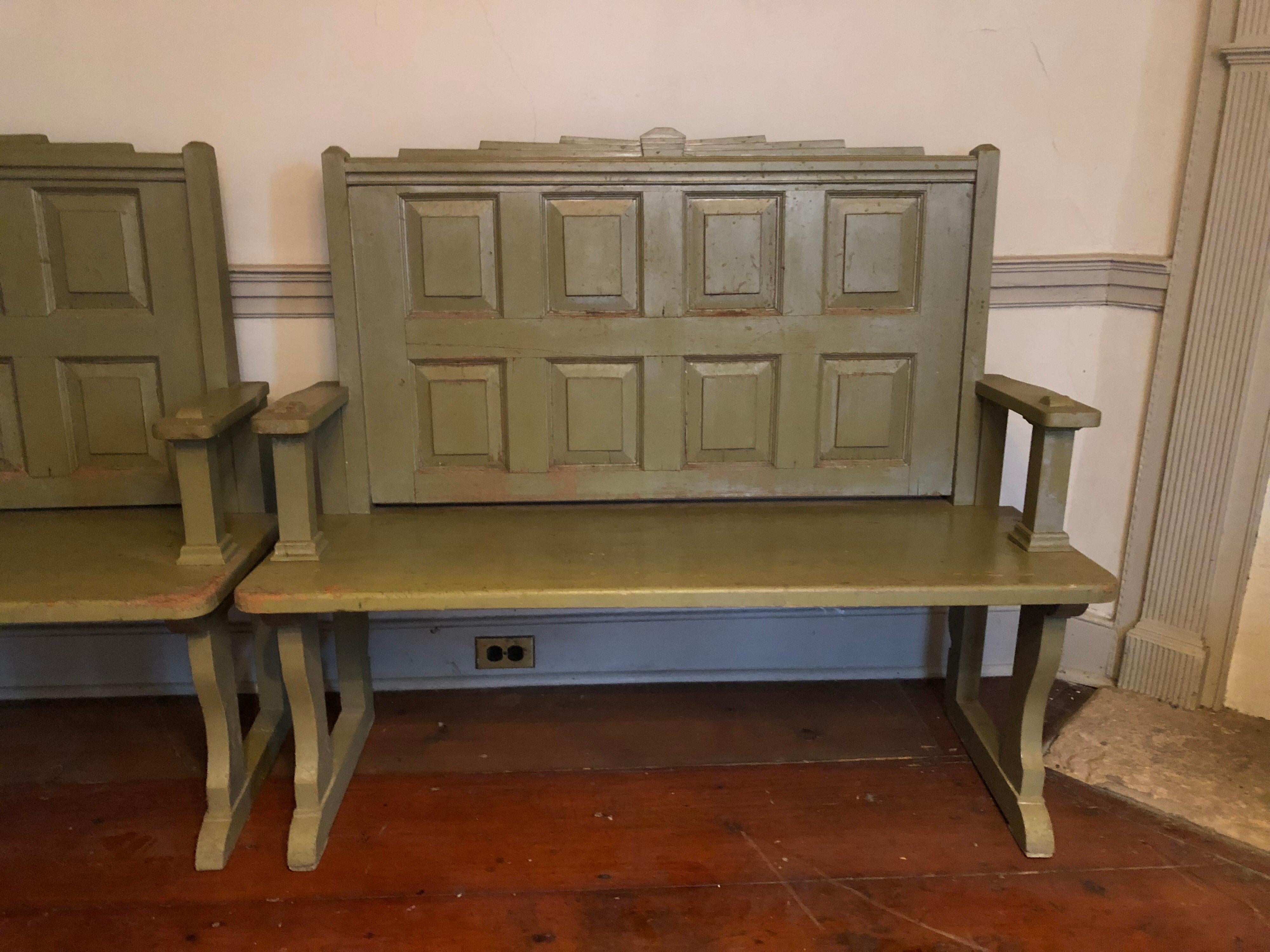 American Pair of Olive Painted Hall Benches