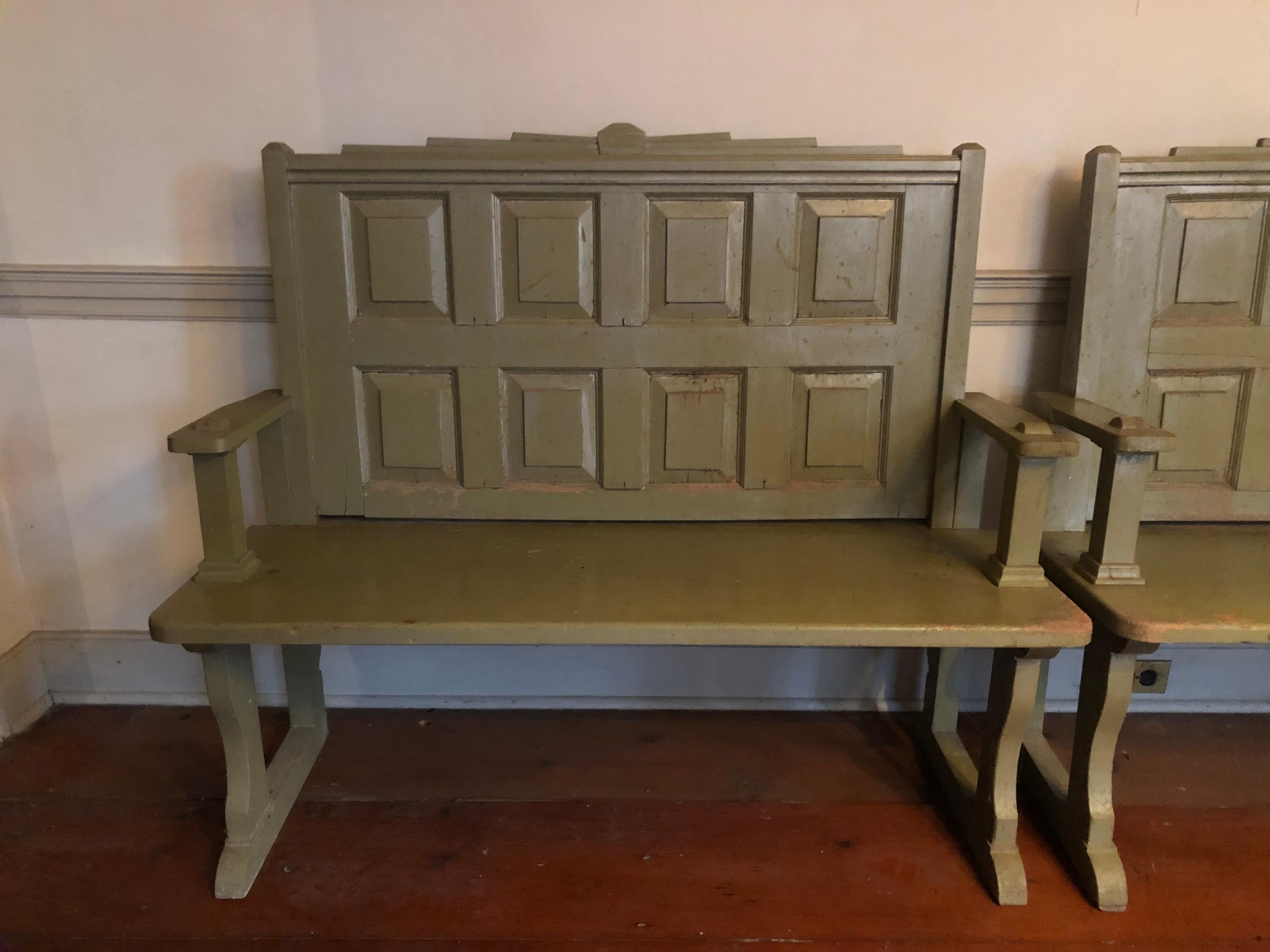 Pair of Olive Painted Hall Benches In Fair Condition In Stockton, NJ