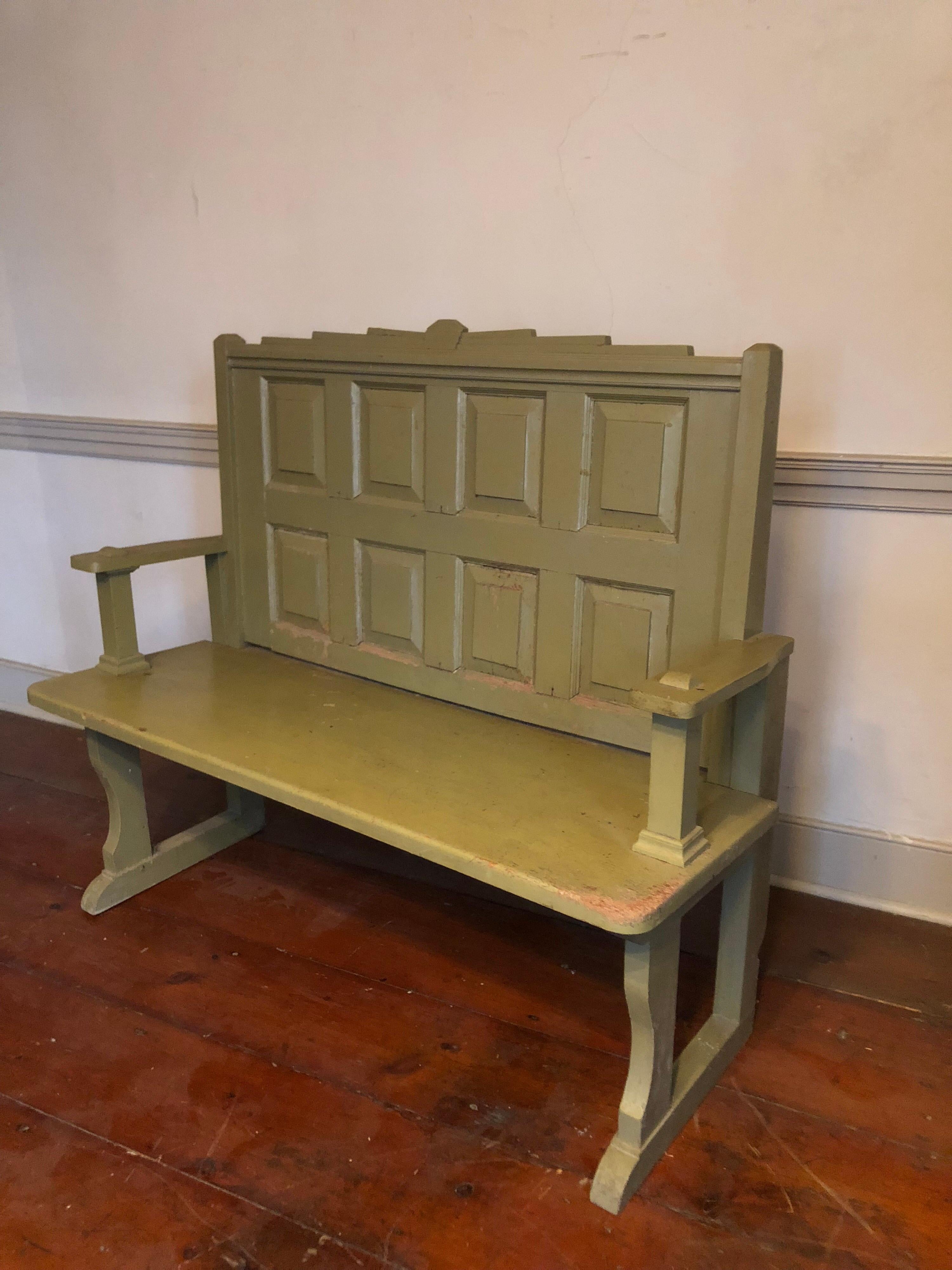 Pair of Olive Painted Hall Benches 3