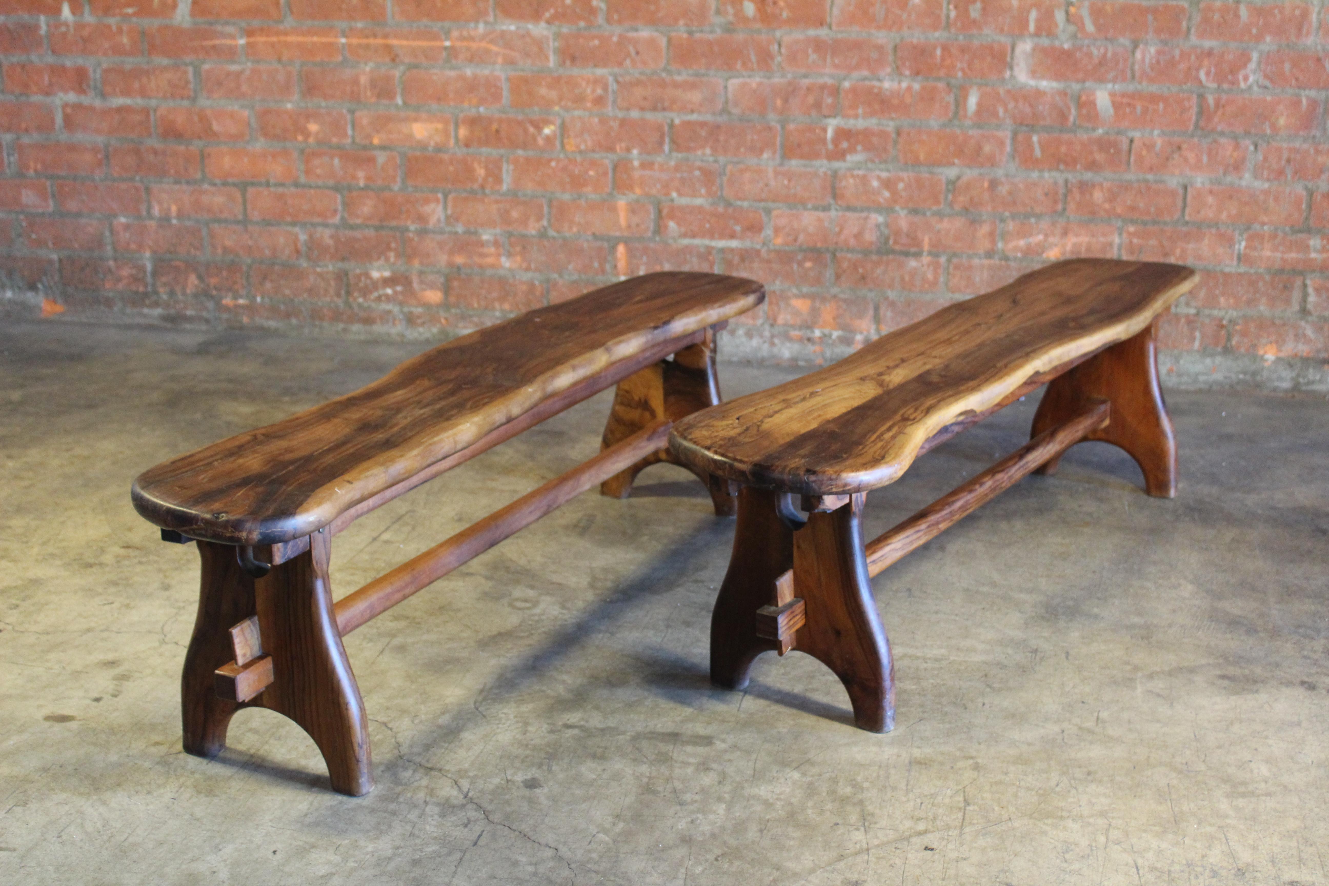 Pair of Olive Wood Benches, France, 1960s at 1stDibs