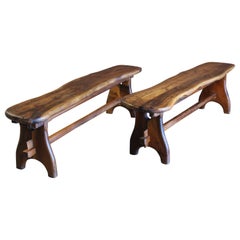 Pair of Olive Wood Benches, France, 1960s