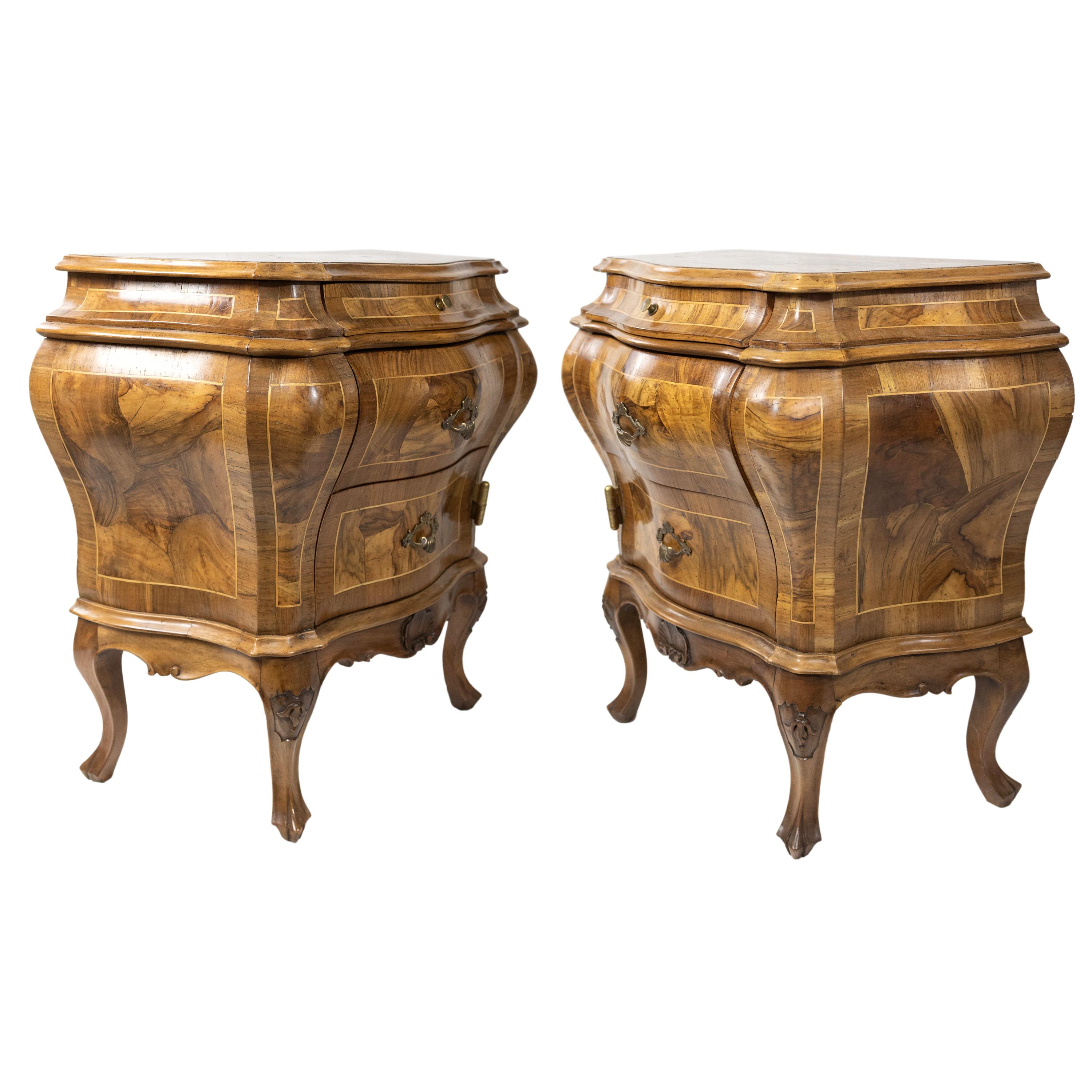 Belle Époque Pair of Olive Wood Bombé Commodes/Side Cabinets, Italian, ca. 1880