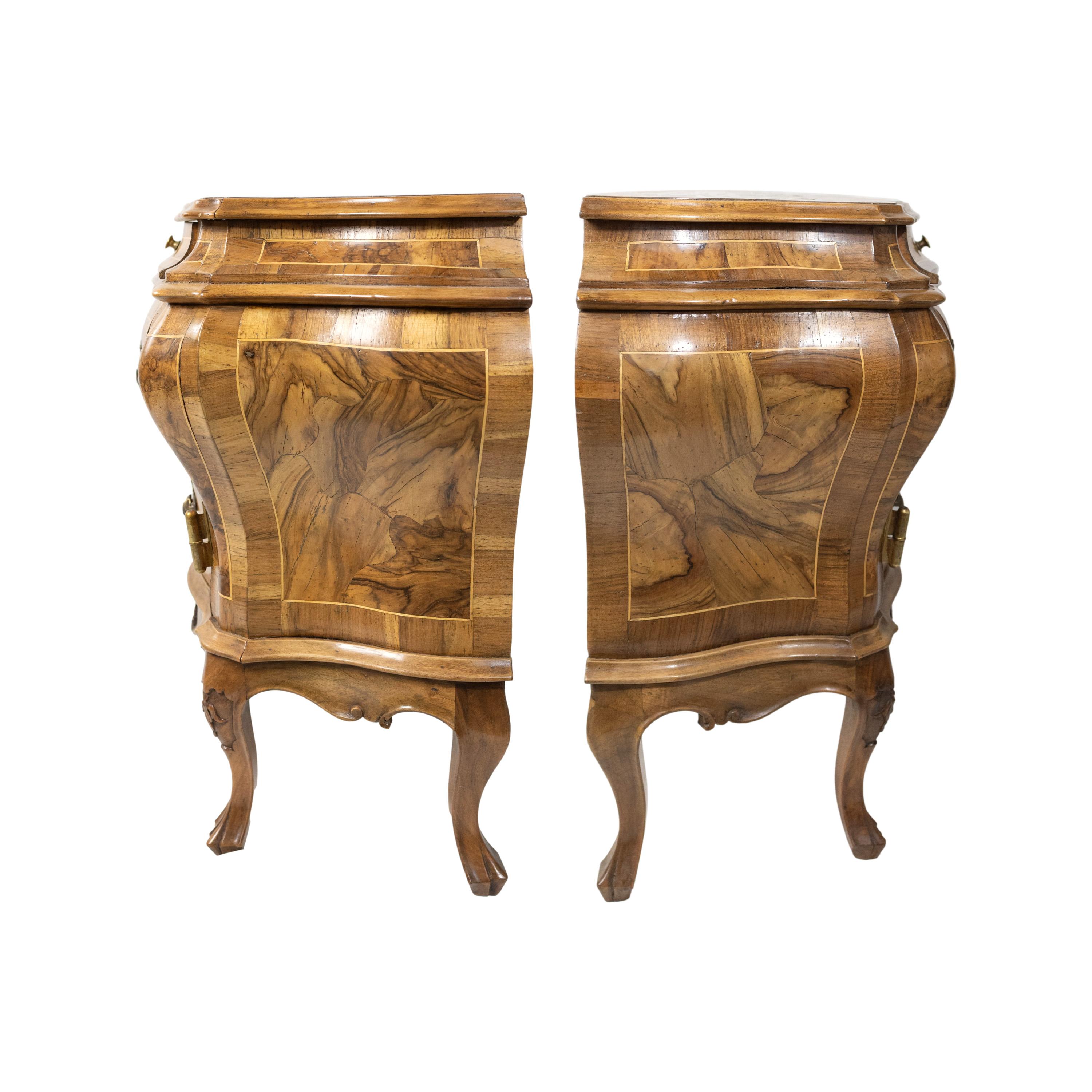 Hand-Crafted Pair of Olive Wood Bombé Commodes/Side Cabinets, Italian, ca. 1880