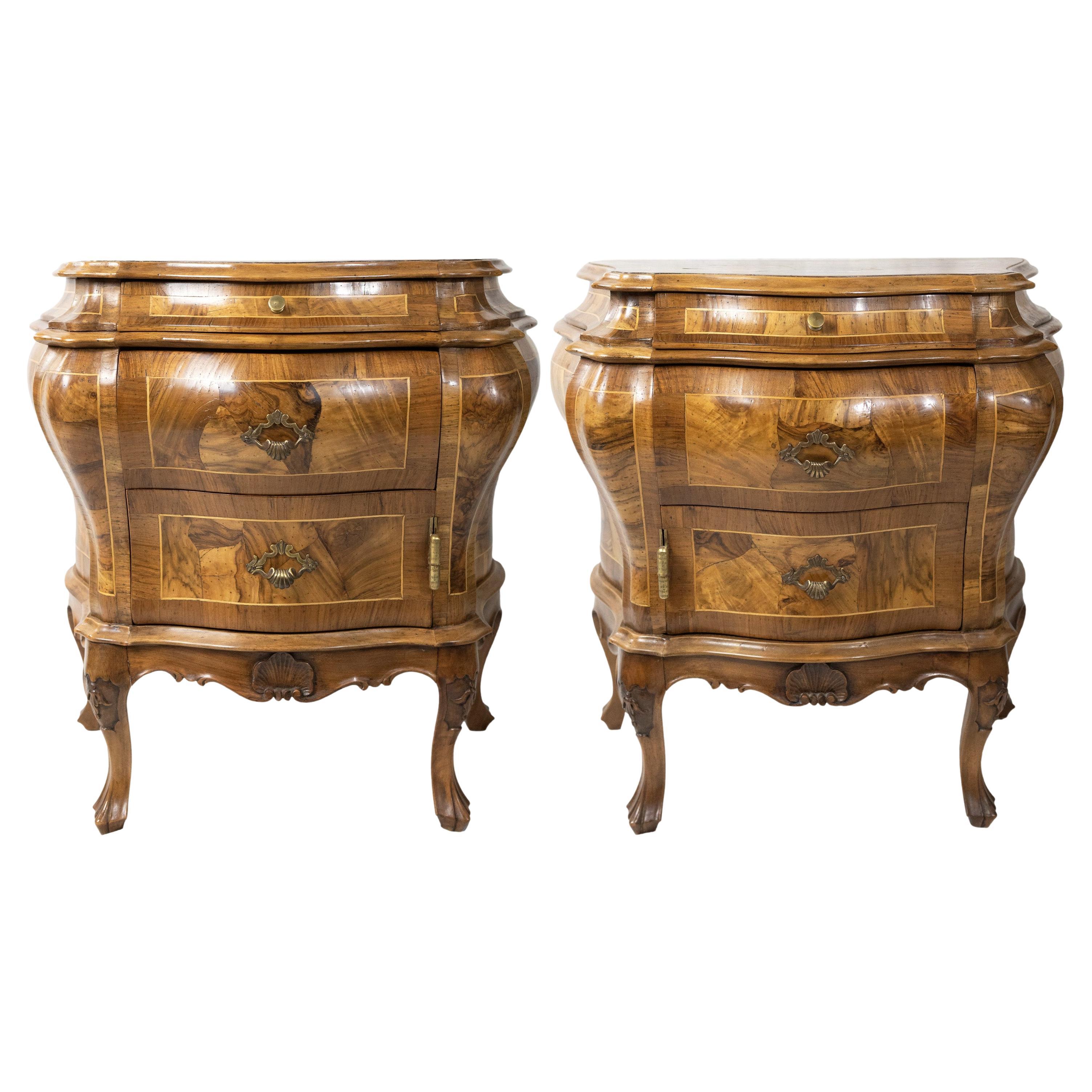 Pair of Olive Wood Bombé Commodes/Side Cabinets, Italian, ca. 1880