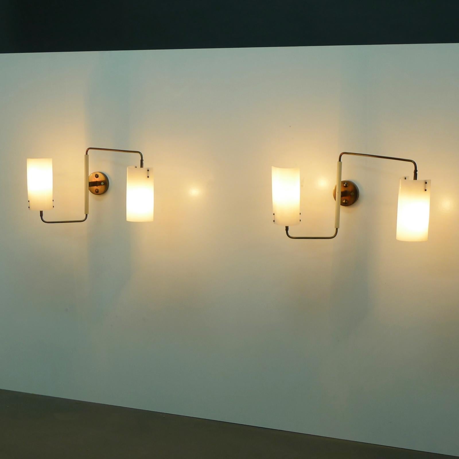 Italian Pair of Oluce Twin-Shade Adjustable Wall Lights, Designed by Tito Agnoli, 1955 For Sale