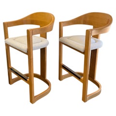 Pair of “Onassis” Barstools in Dowelwood & Boucle by Karl Springer