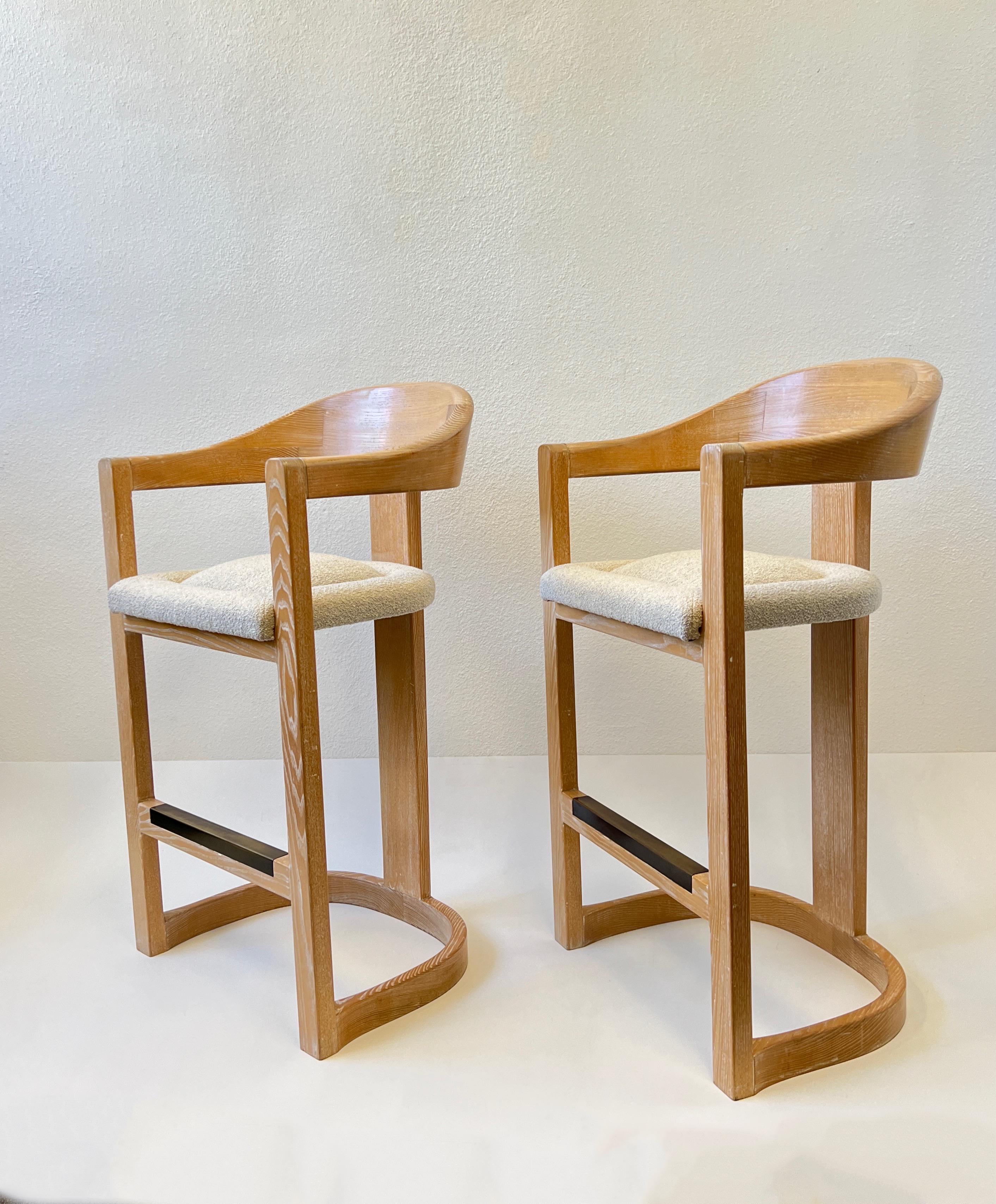 Modern Pair of “Onassis” Barstools in Dowelwood & Boucle by Karl Springer  For Sale