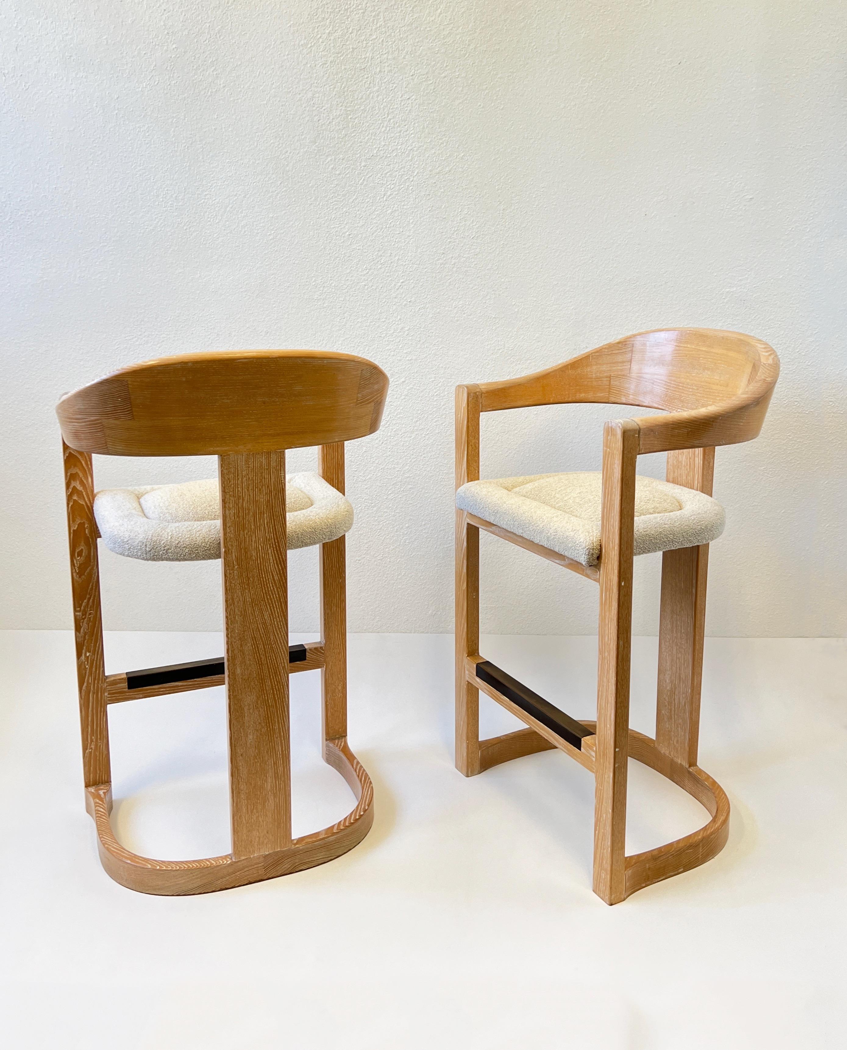 American Pair of “Onassis” Barstools in Dowelwood & Boucle by Karl Springer  For Sale