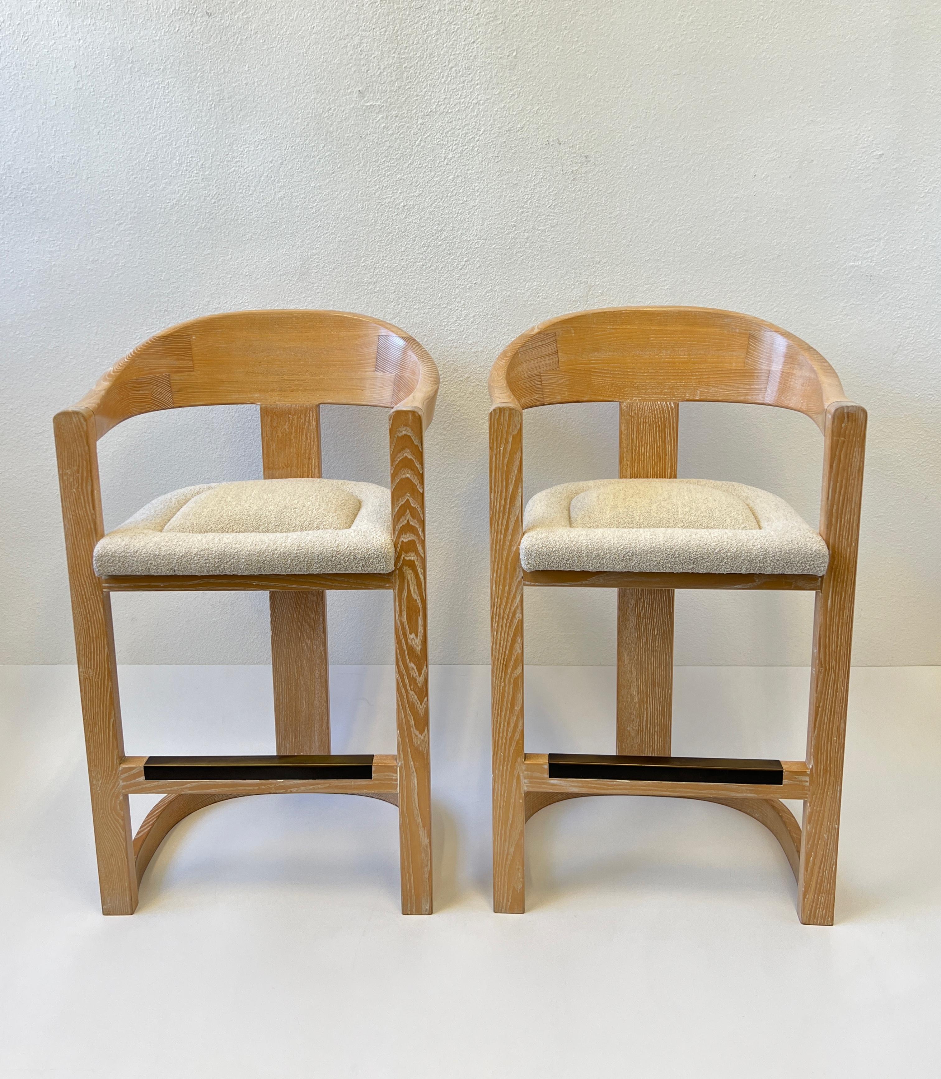 Lacquered Pair of “Onassis” Barstools in Dowelwood & Boucle by Karl Springer  For Sale